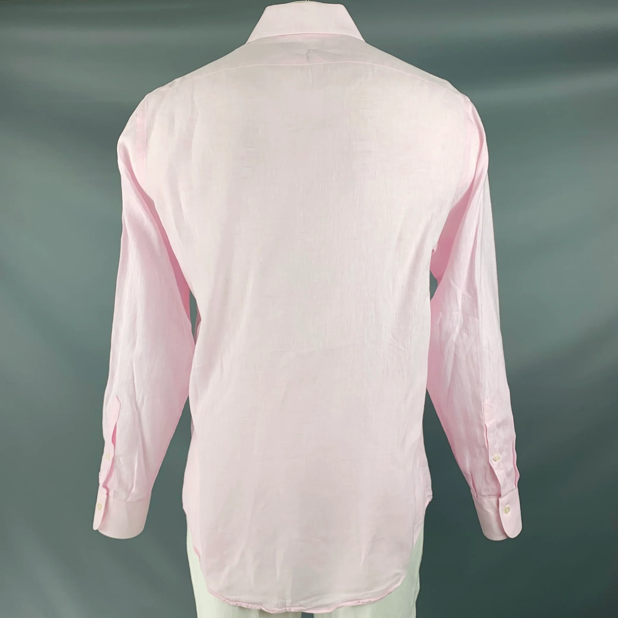 SAKS FIFTH AVENUE Size L Pink Linen Button Up Long Sleeve Shirt - Image 3