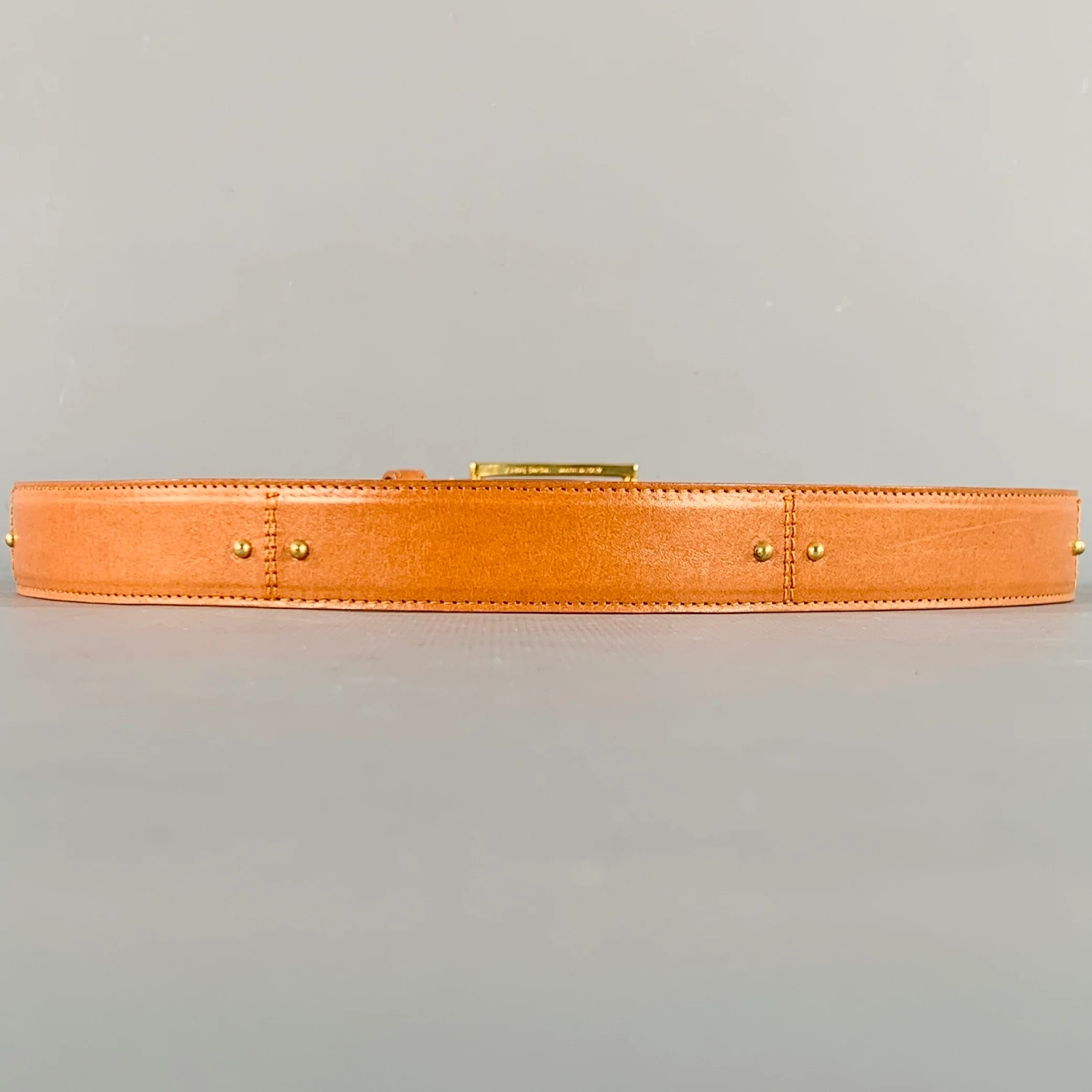 SAKS FIFTH AVENUE Size M Camel Gold Studded Leather Belt - Image 3