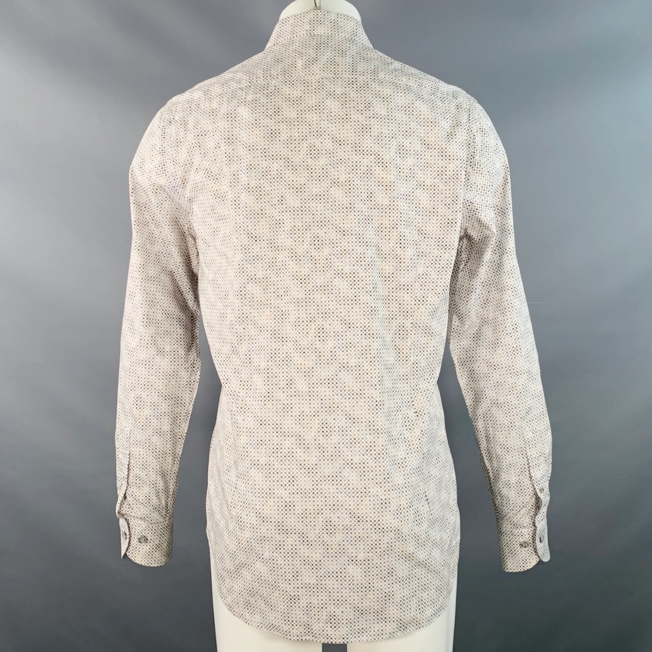 SAKS FIFTH AVENUE Size M White Grey Dots Cotton Long Sleeve Shirt - Image 4