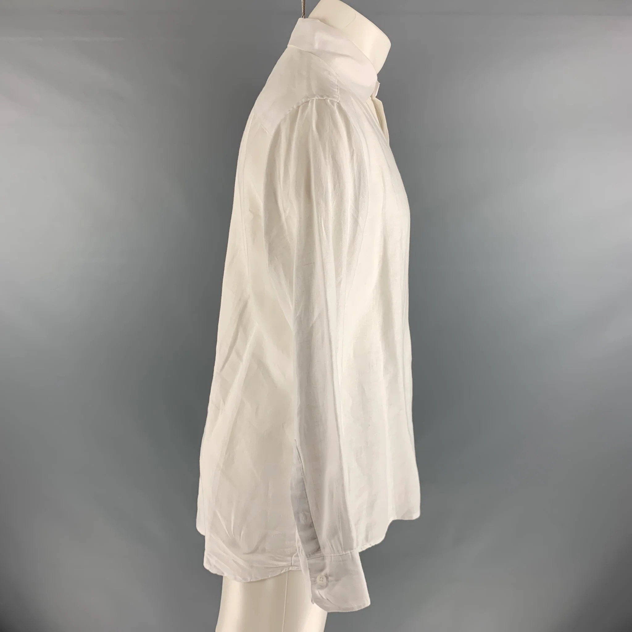 SAKS FIFTH AVENUE Size S White Solid Linen Button Up Long Sleeve Shirt - Image 2