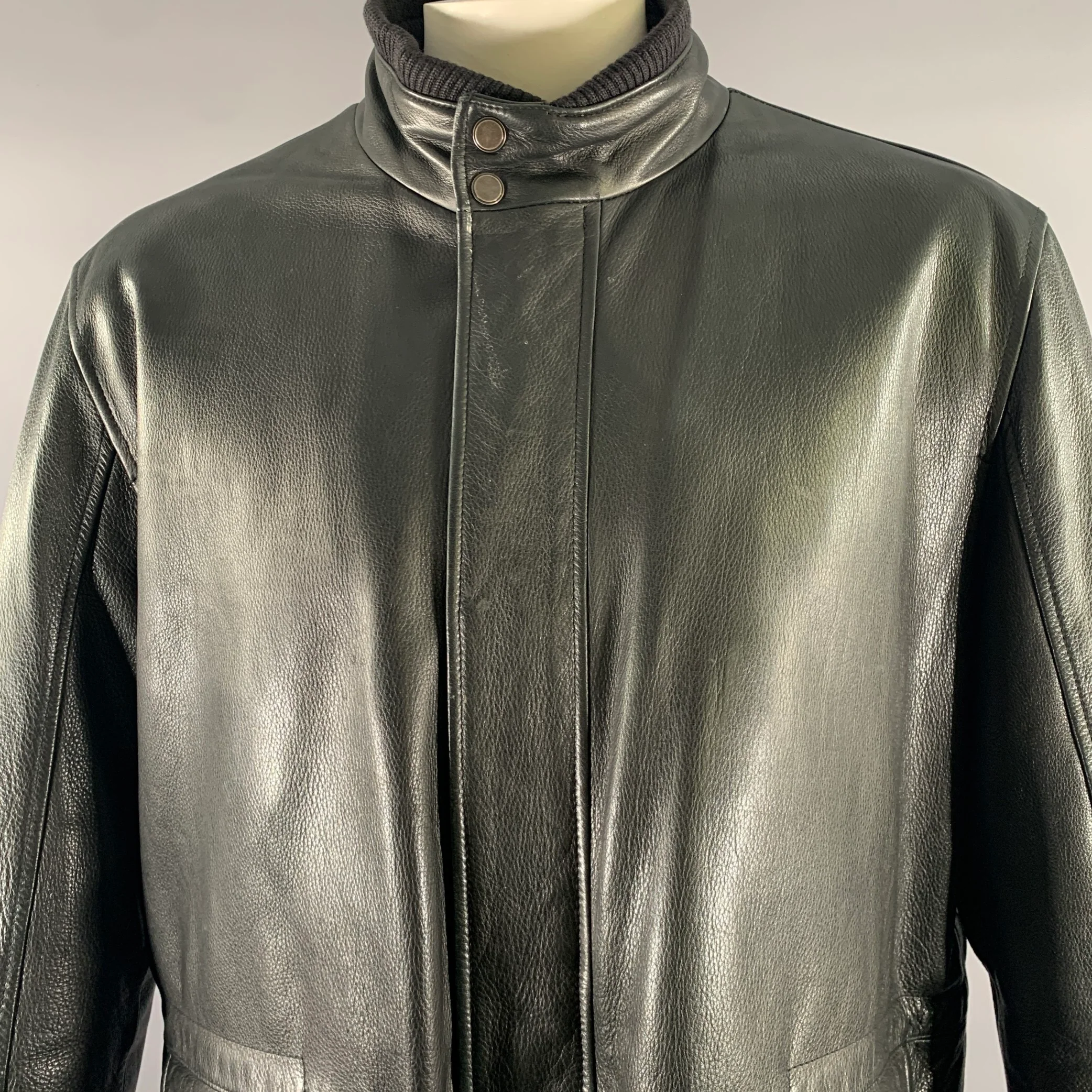 SAKS FIFTH AVENUE Size XXL Black Leather Mock Neck Zip Jacket - Image 2