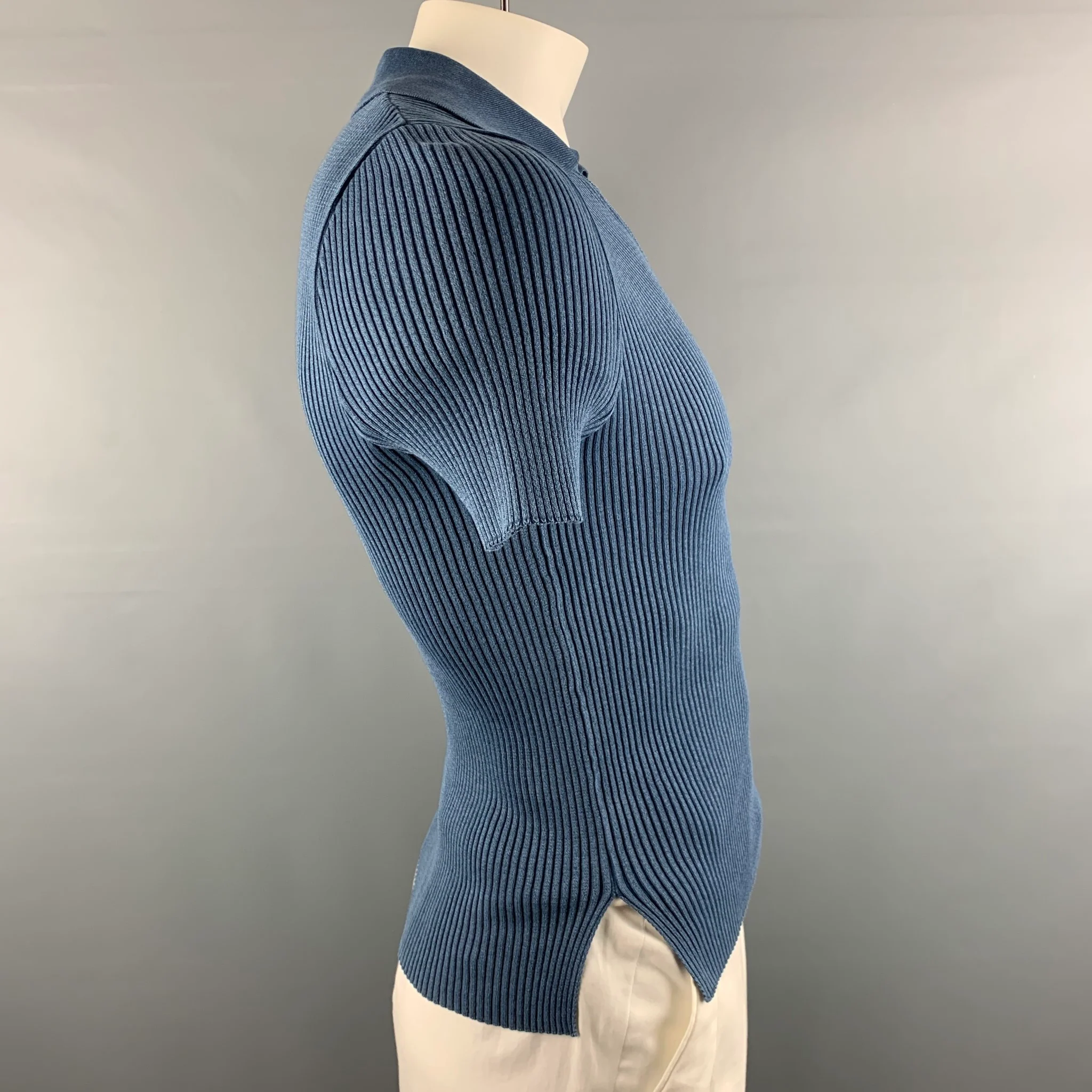 SALT MURPHY Size L Blue Ribbed Cotton V-Neck Pullover - Image 2