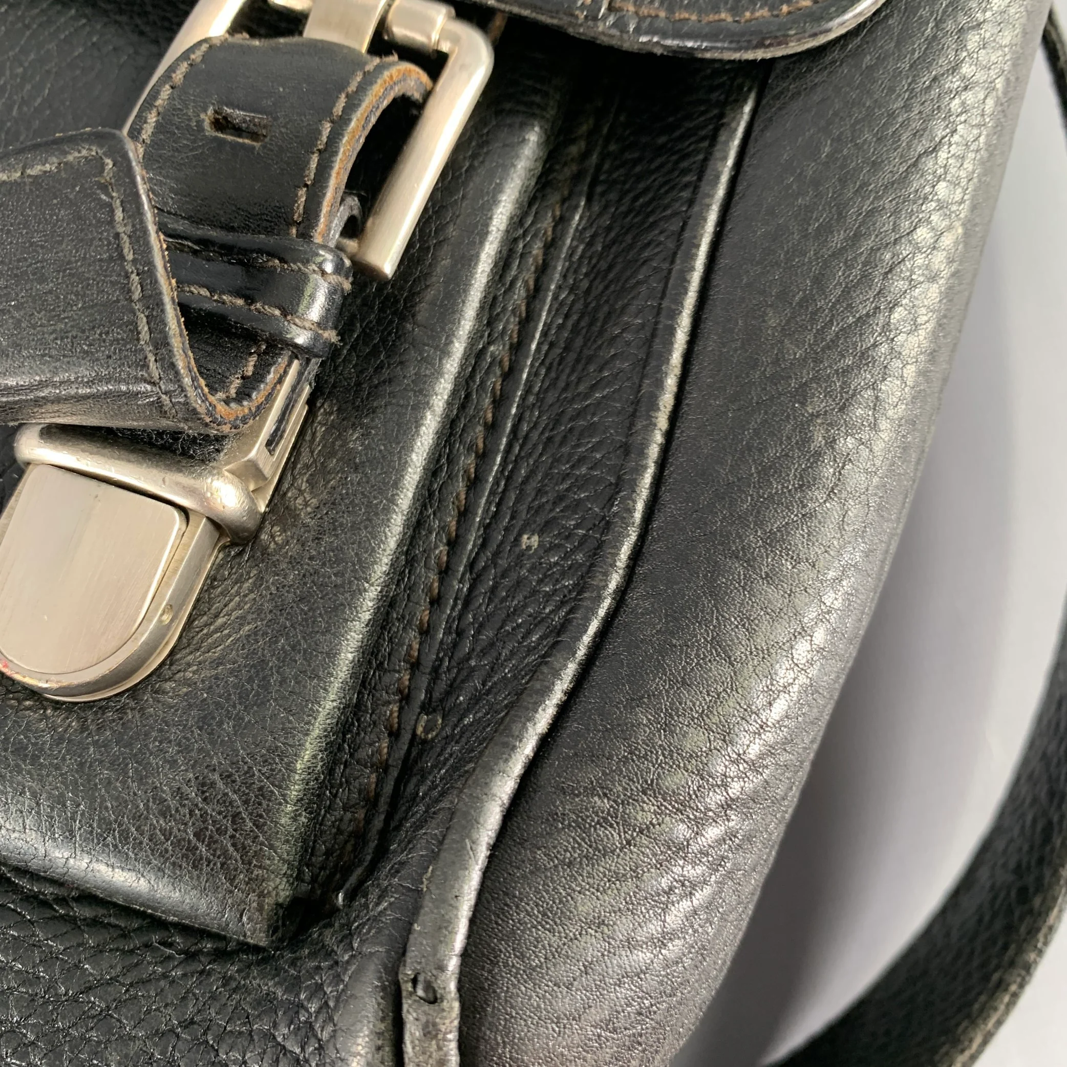 SALVATORE FERRAGAMO Black Pebble Grain Leather Double Buckle Messenger Bag - Image 10