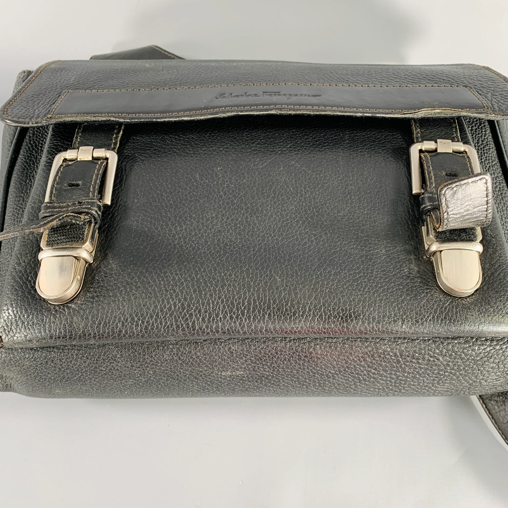 SALVATORE FERRAGAMO Black Pebble Grain Leather Double Buckle Messenger Bag - Image 6