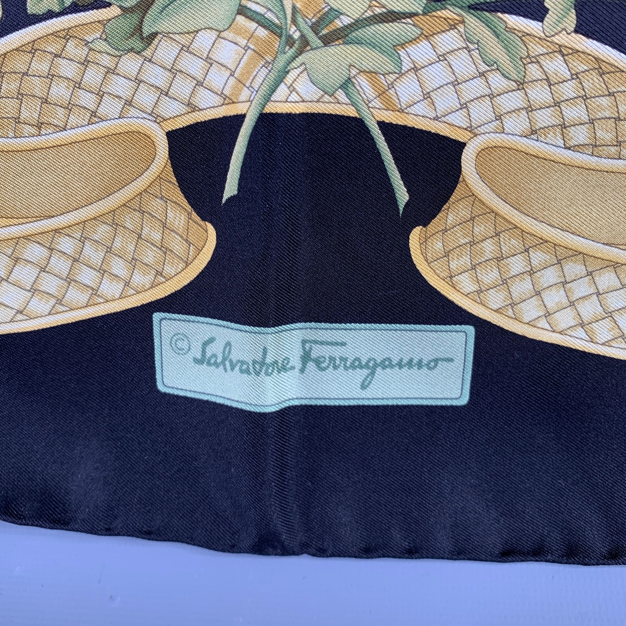 SALVATORE FERRAGAMO Black Yellow Green Birds Silk Scarf - Image 2