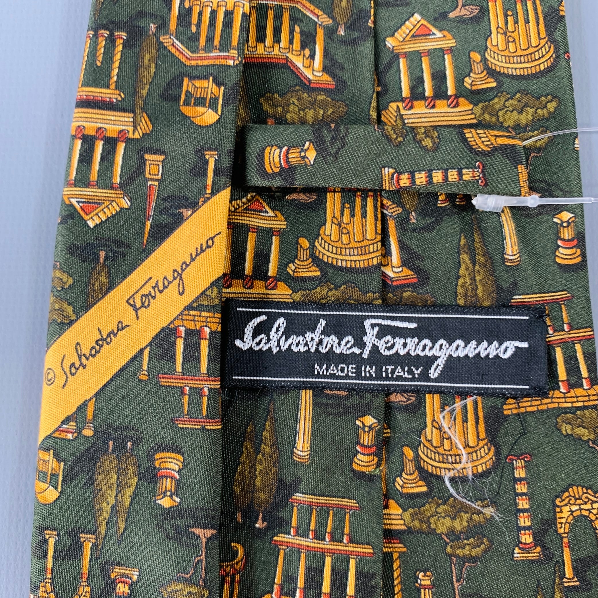 SALVATORE FERRAGAMO Gold Dark Green Greek Architecture Silk Tie - Image 3