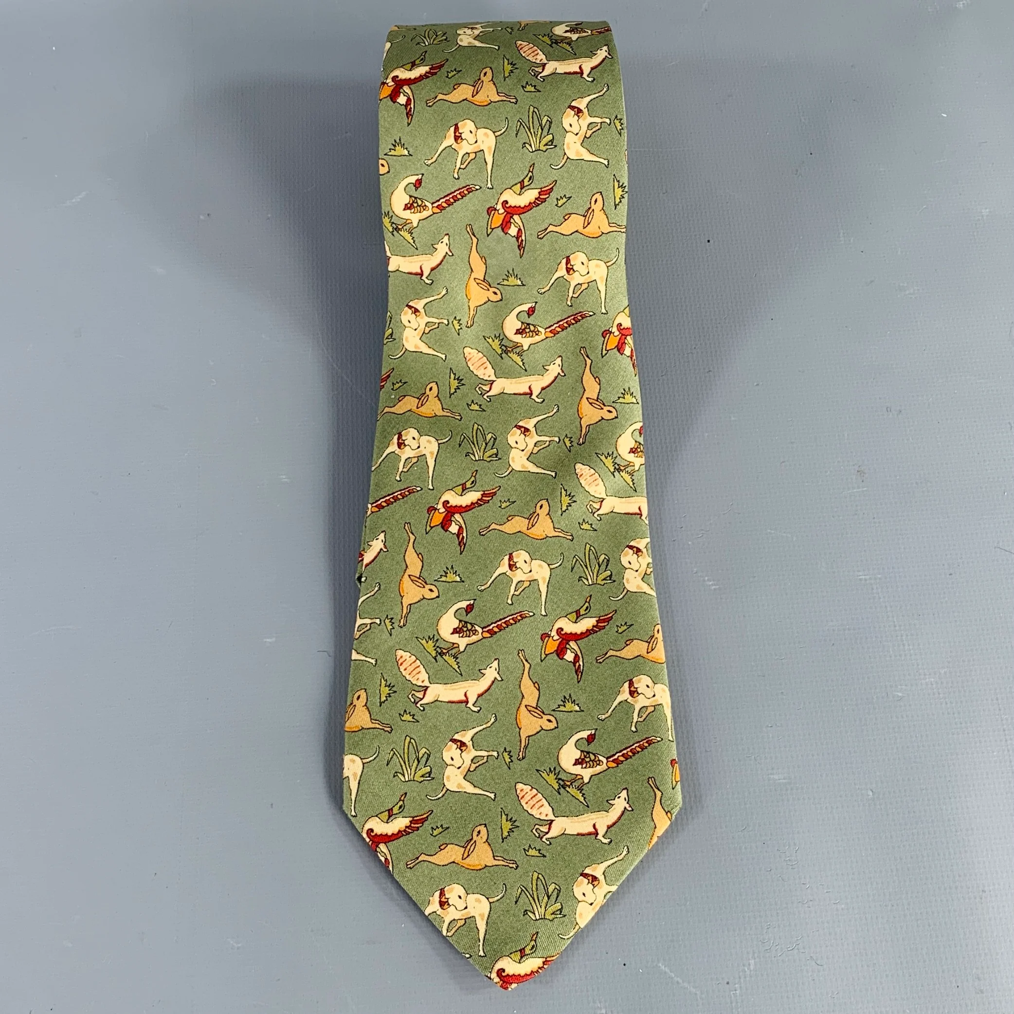 SALVATORE FERRAGAMO Green Taupe Woodland Animals Silk Tie - Image 3
