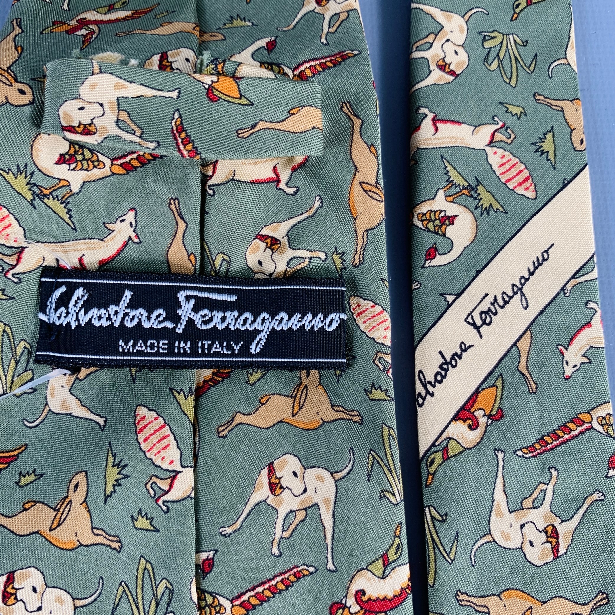 SALVATORE FERRAGAMO Green Taupe Woodland Animals Silk Tie - Image 4