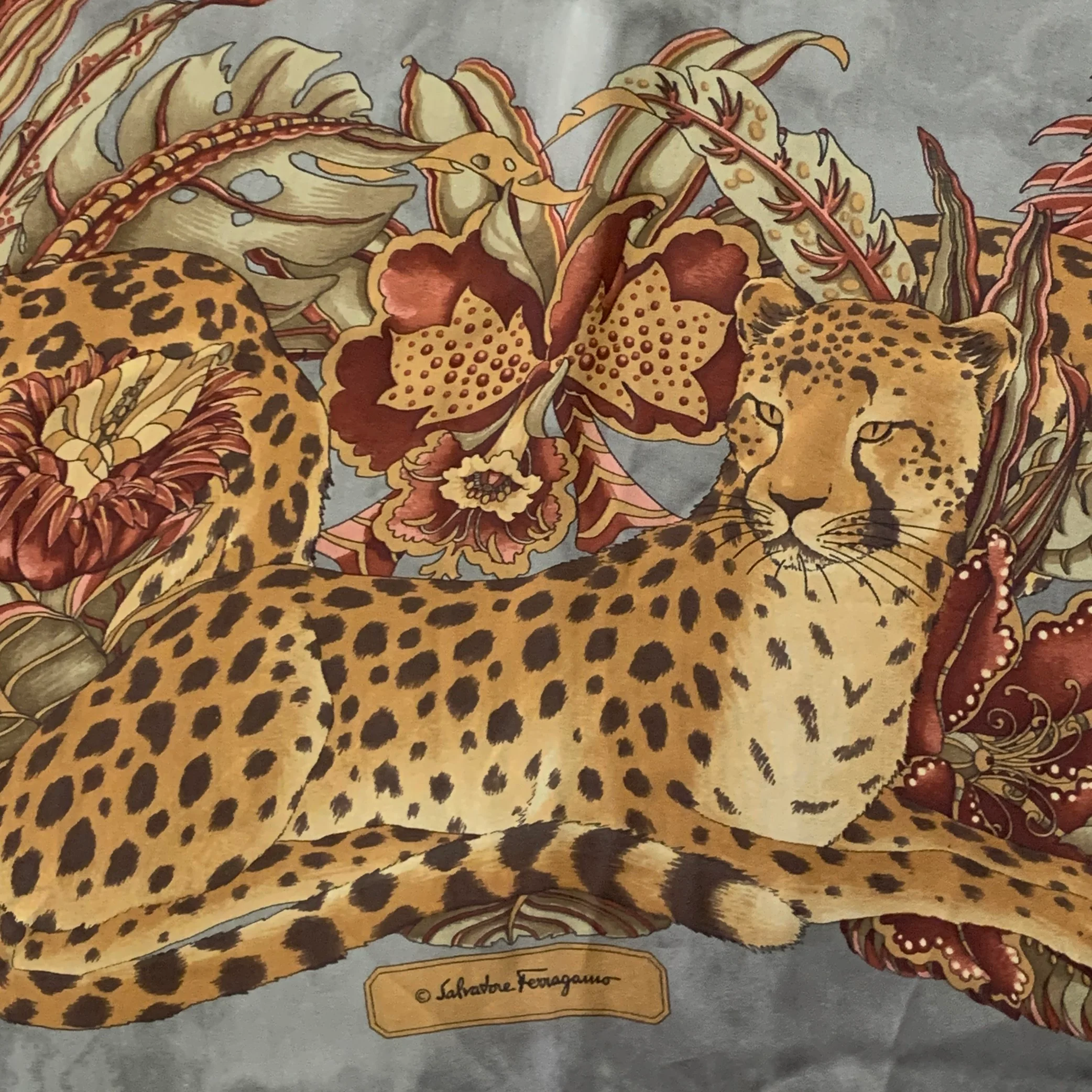 SALVATORE FERRAGAMO Grey Orange Red Leopard Floral Silk Scarf Shawl - Image 2