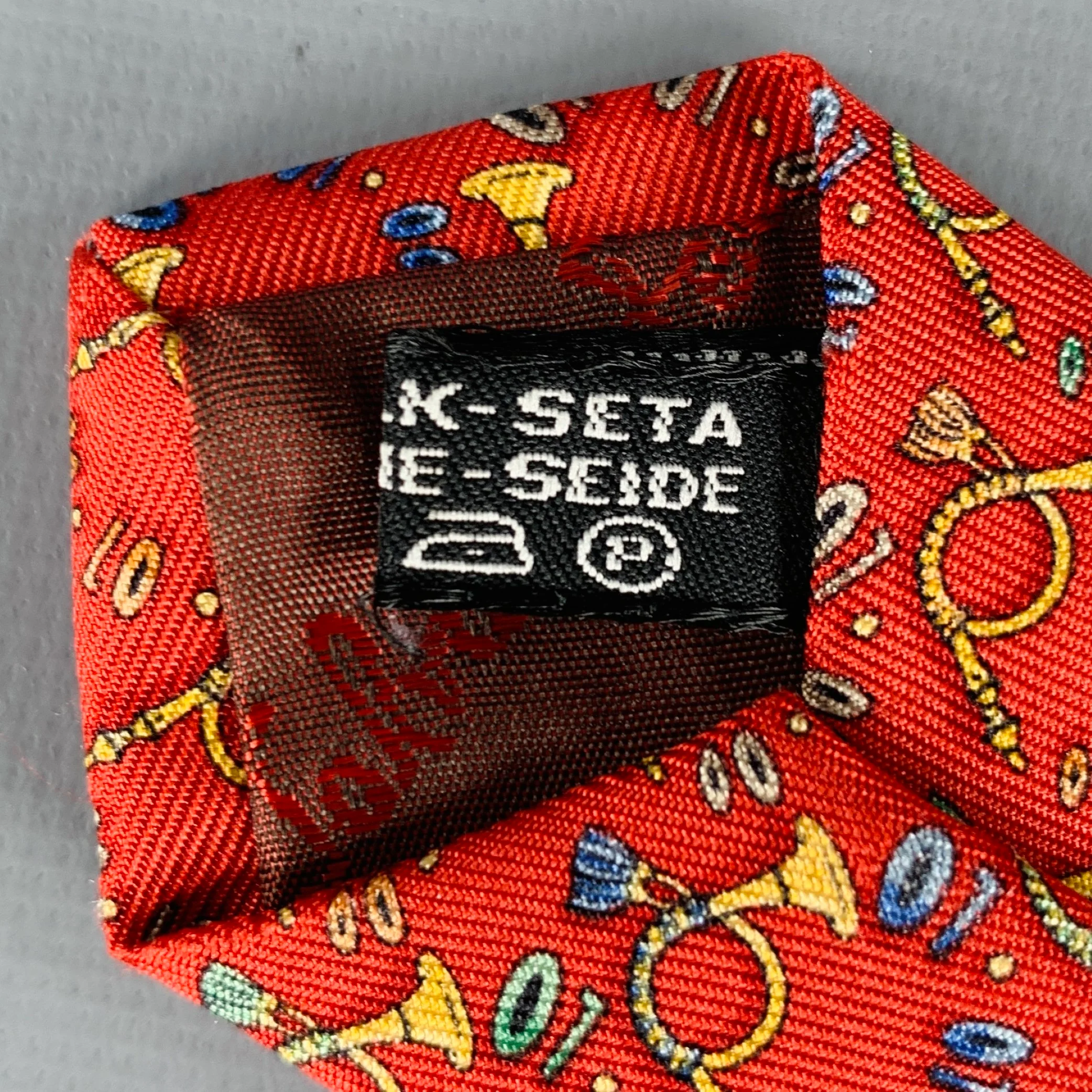 SALVATORE FERRAGAMO Musical Horns Red Yellow Print Silk Tie - Image 6
