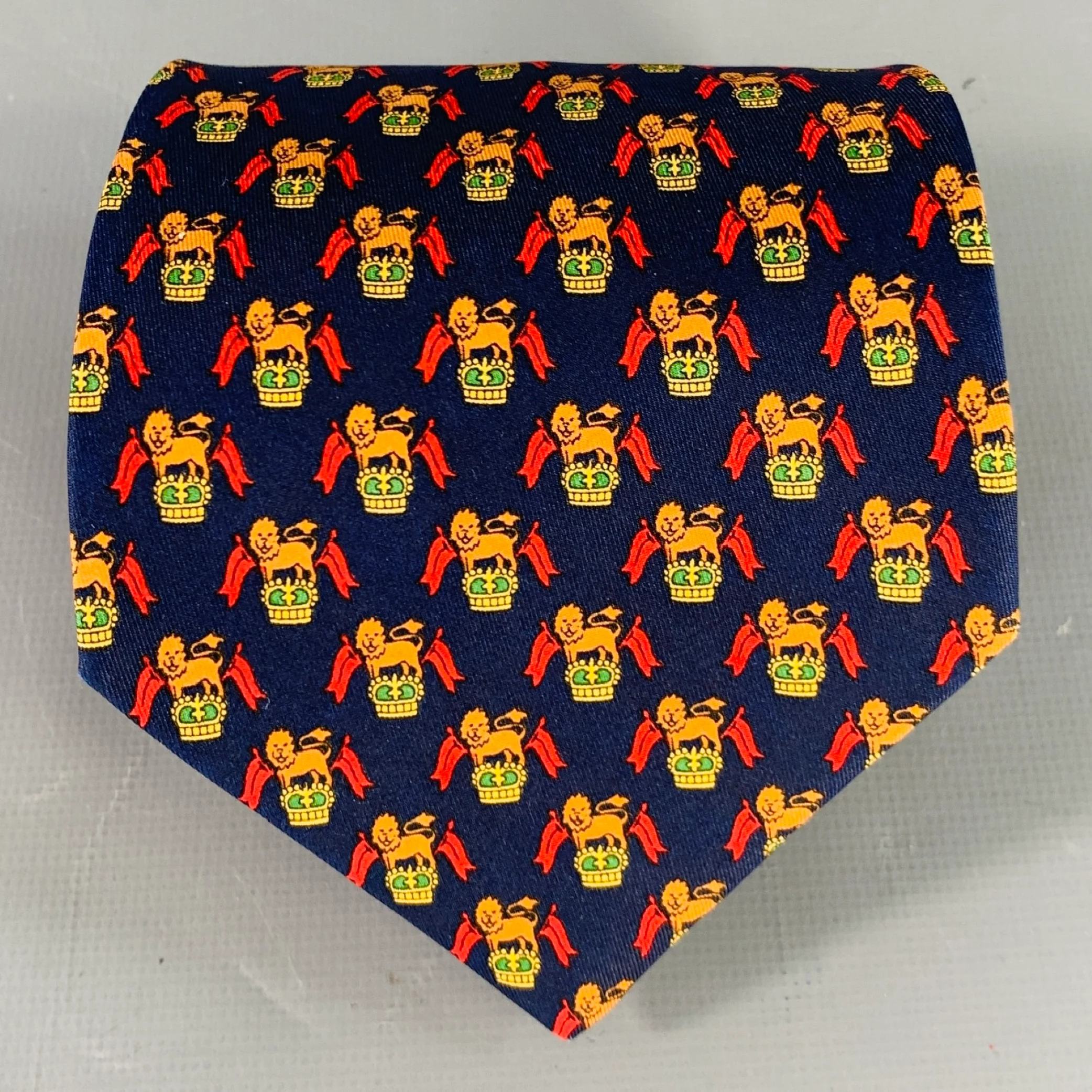 SALVATORE FERRAGAMO Navy Red Orange Lion Crest Silk Tie