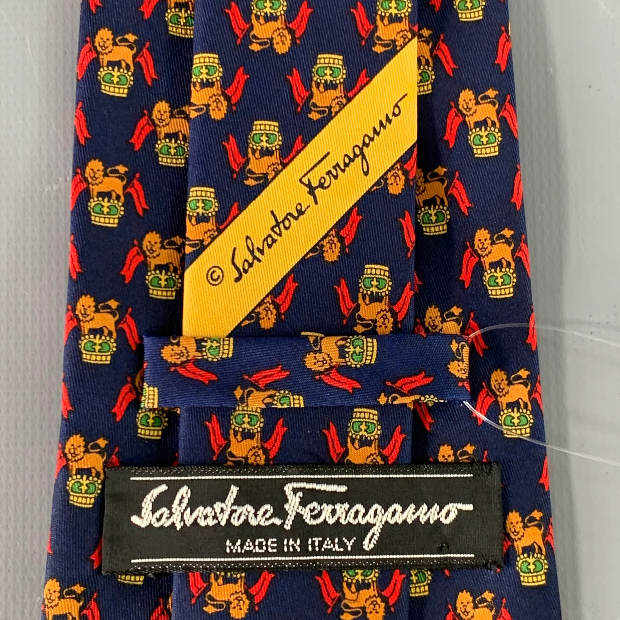 SALVATORE FERRAGAMO Navy Red Orange Lion Crest Silk Tie - Image 4