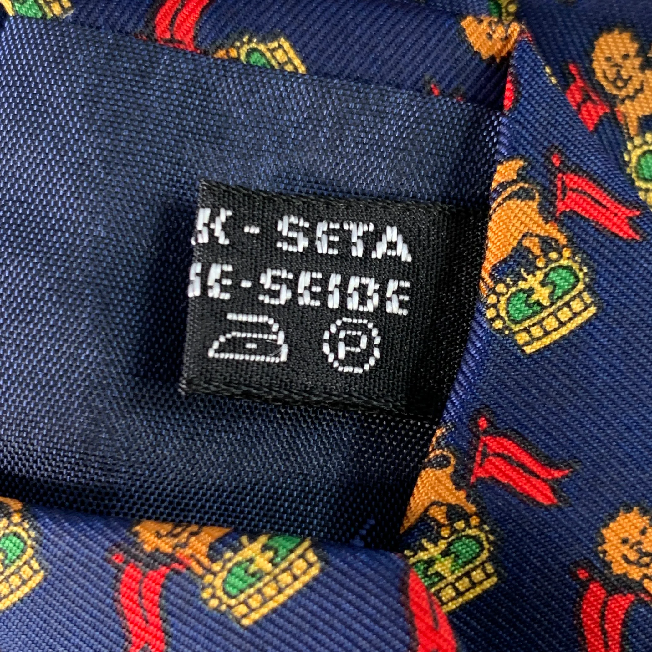 SALVATORE FERRAGAMO Navy Red Orange Lion Crest Silk Tie - Image 6