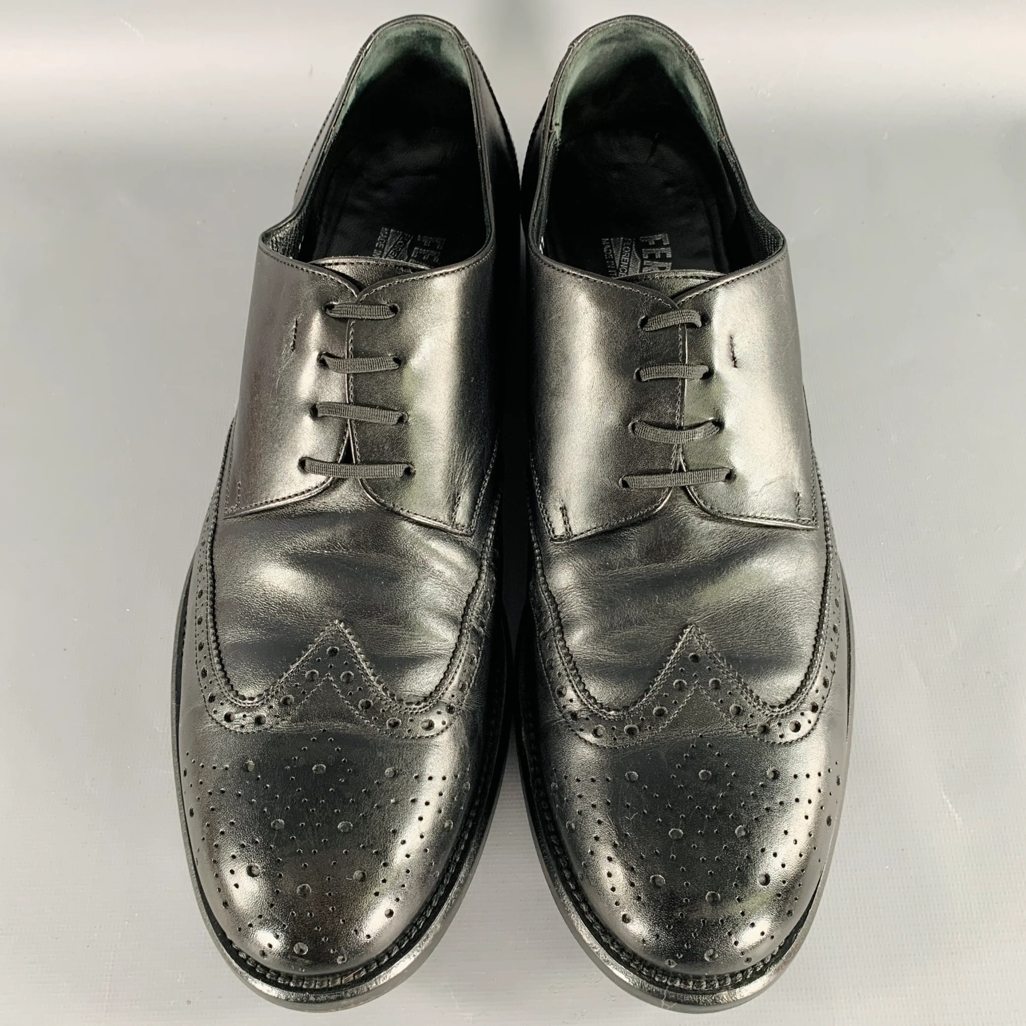 SALVATORE FERRAGAMO Size 10.5 Black Perforated Leather Wingtip Lace-Up Shoes - Image 4