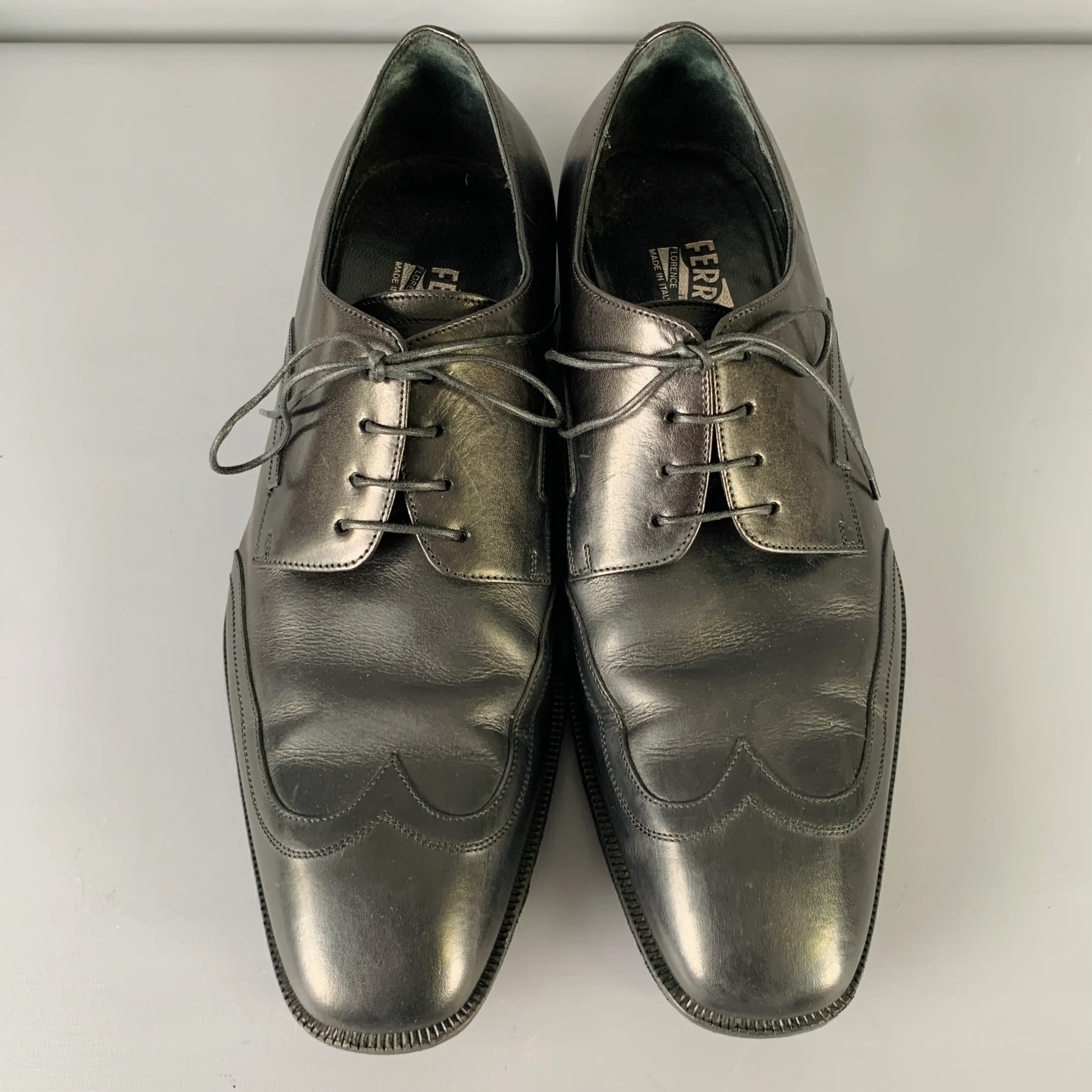 SALVATORE FERRAGAMO Size 10 Black Wingtip Leather Square Toe Lace-Up Shoes - Image 4