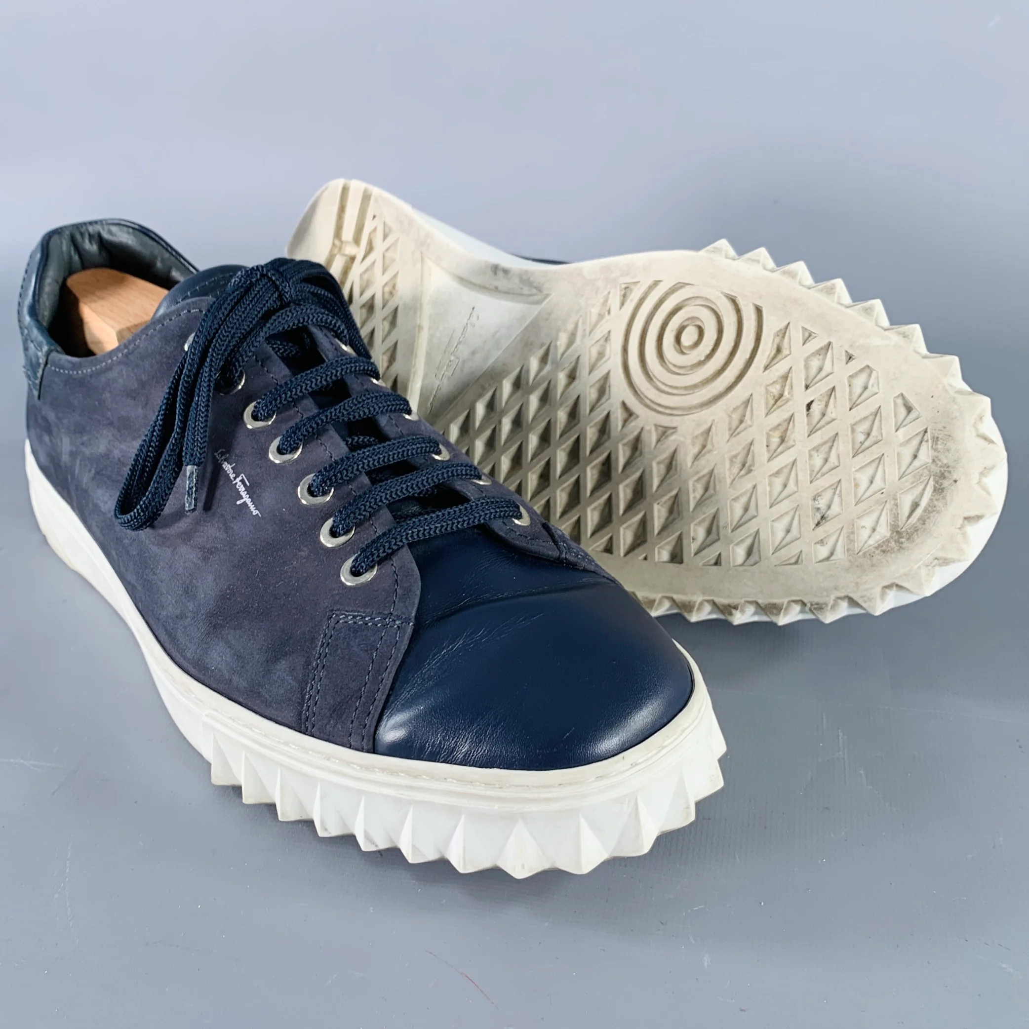 SALVATORE FERRAGAMO Size 10 Navy Suede Leather Lace-Up Sneakers - Image 5