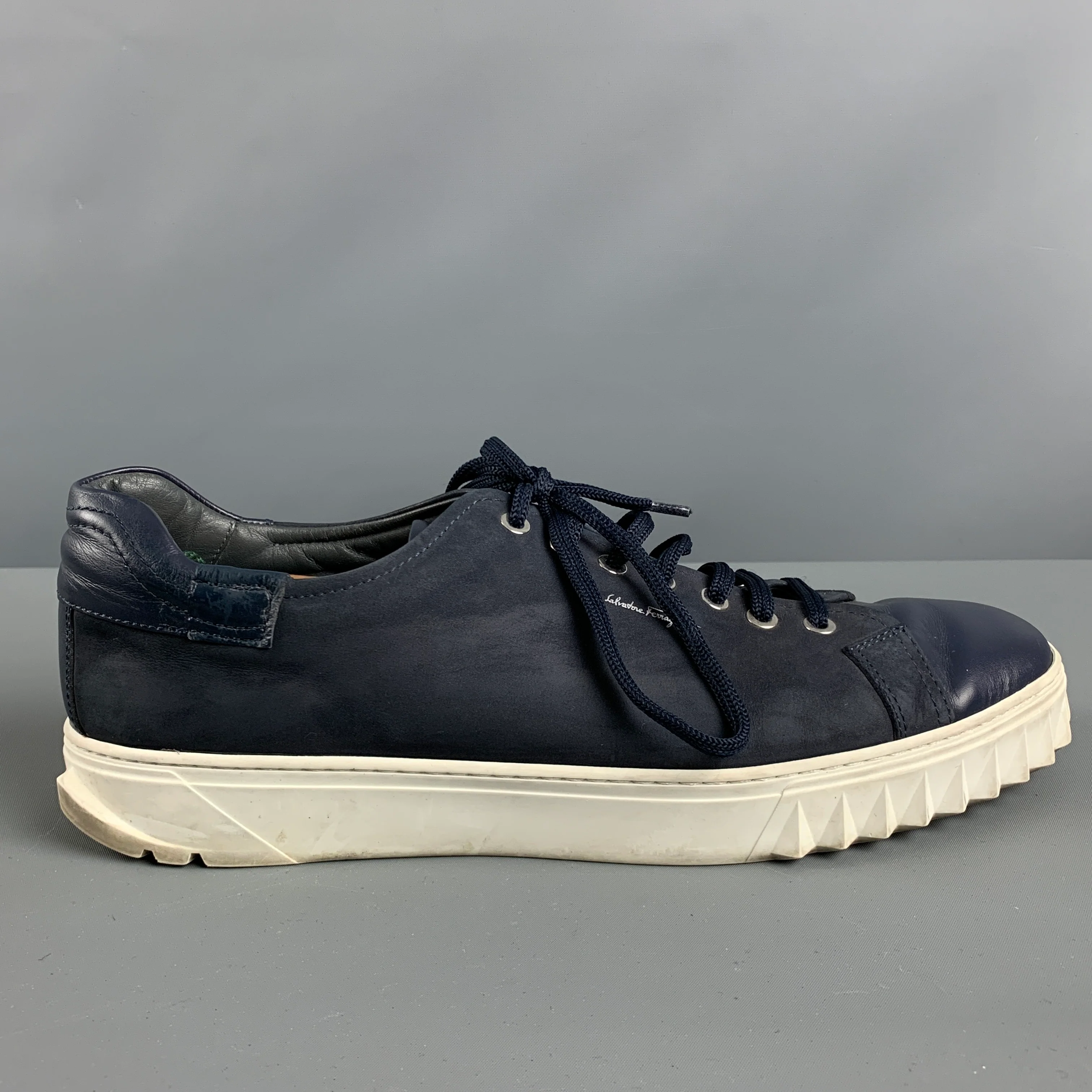 SALVATORE FERRAGAMO Size 10 Navy White Suede Sneakers - Image 2