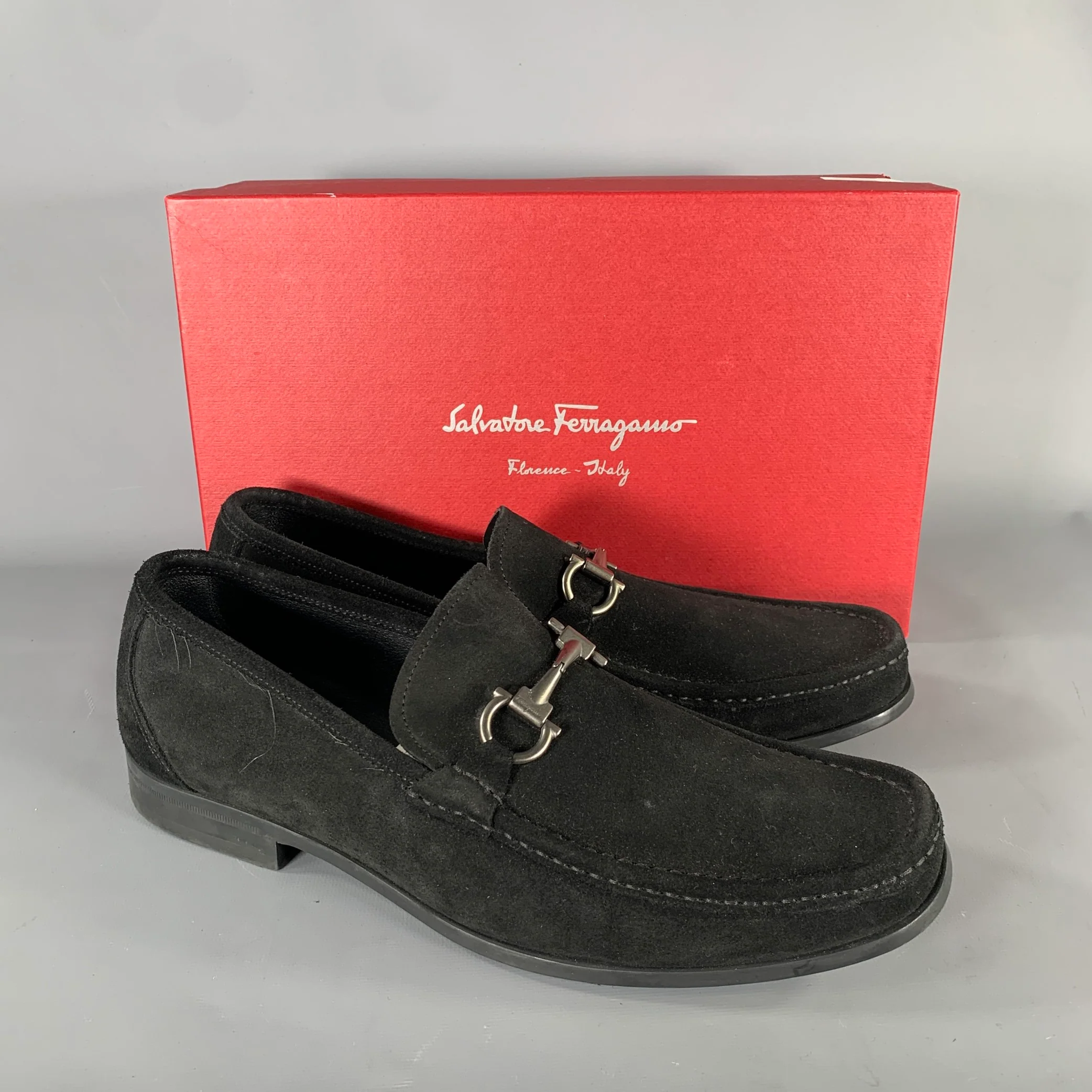 SALVATORE FERRAGAMO Size 11.5 Black Suede Horsebit Loafers - Image 7