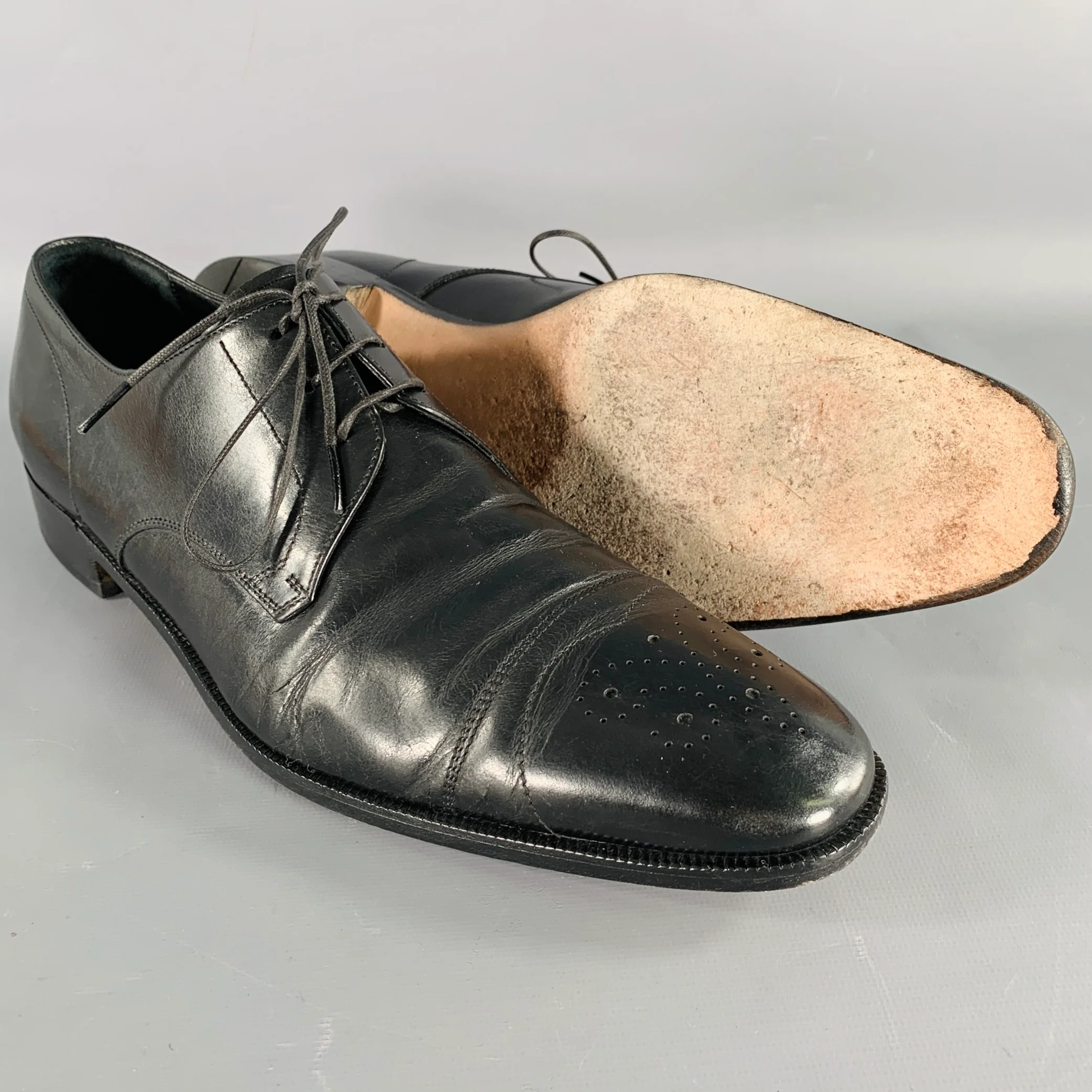 SALVATORE FERRAGAMO Size 11 Black Perforated Leather Cap Toe Lace-Up Shoes - Image 5