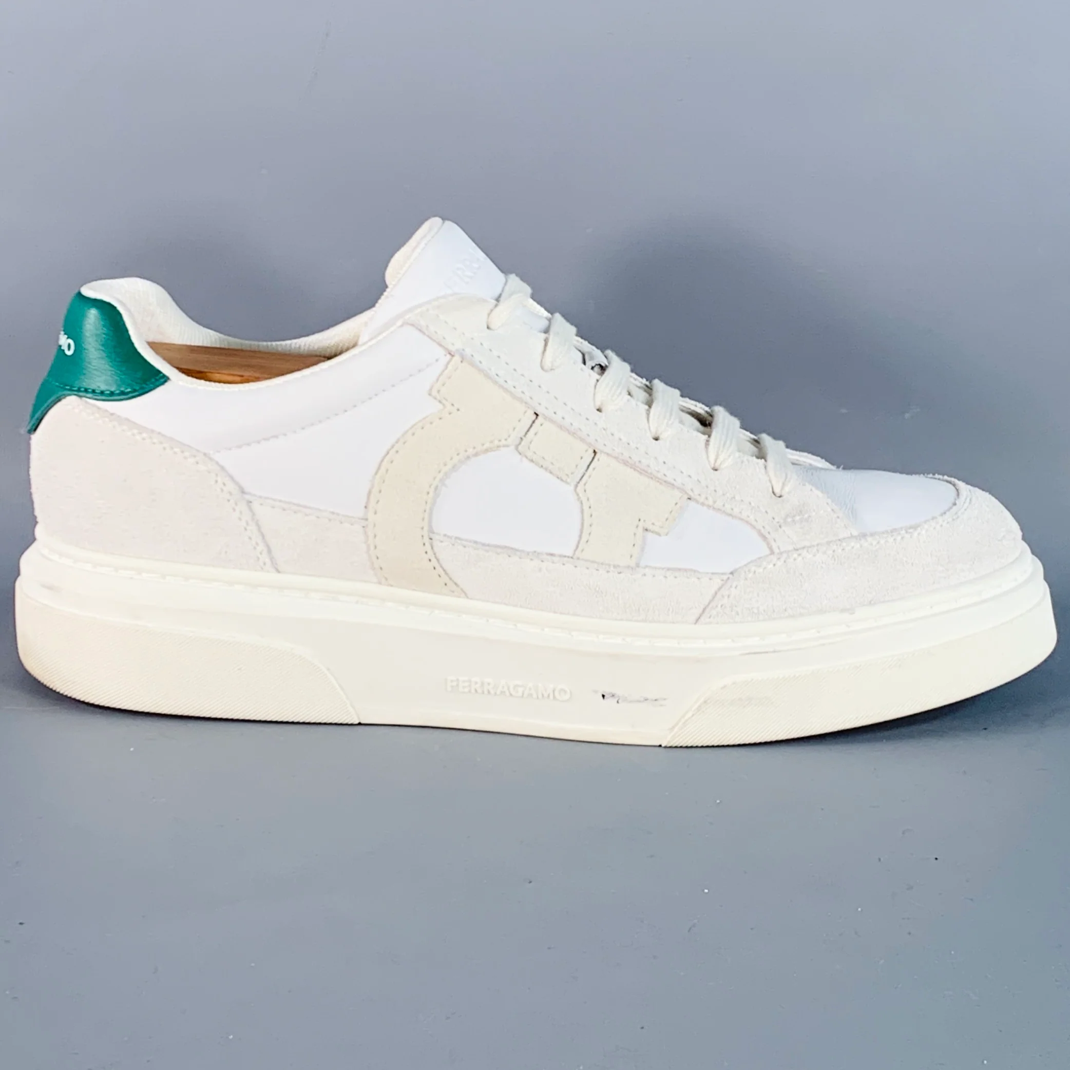 SALVATORE FERRAGAMO Size 11 White Green Logo Leather Chunky Sole Sneakers - Image 2