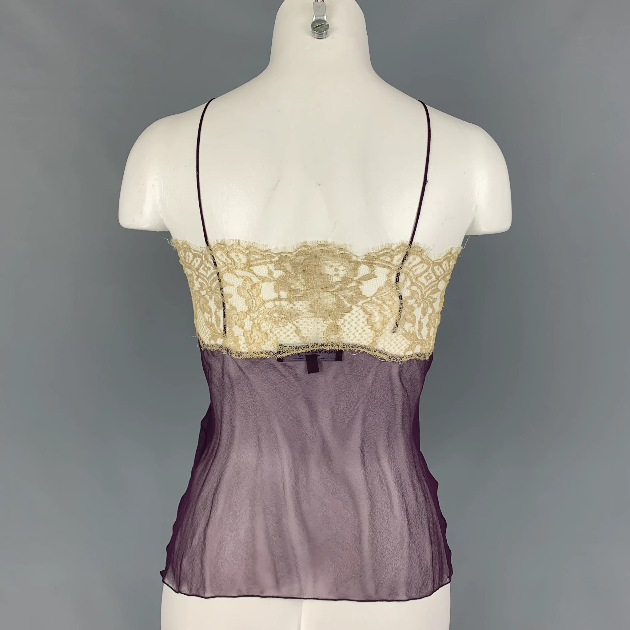 SALVATORE FERRAGAMO Size 2 Eggplant Gold Silk Lace Camisole Dress Top - Image 3