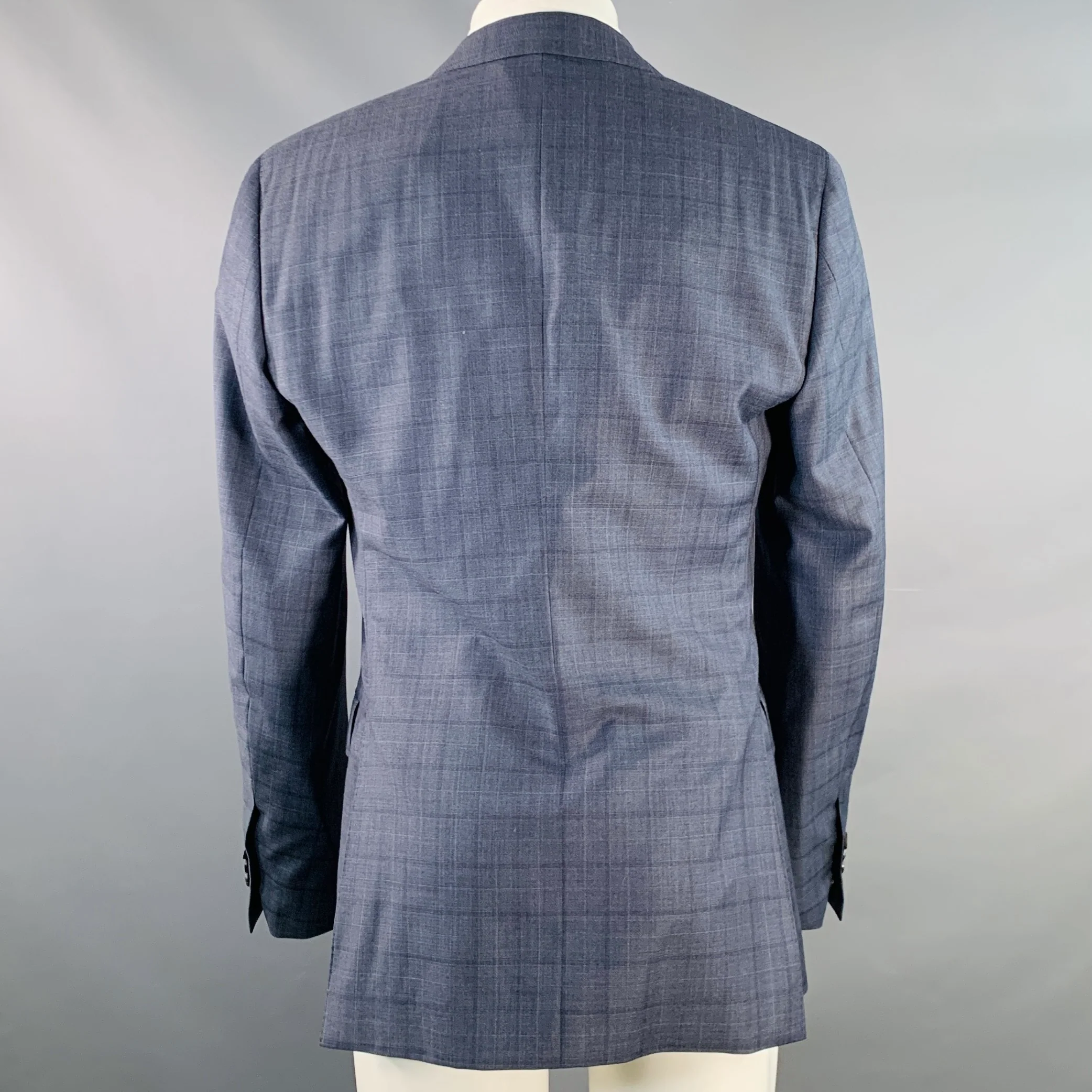 SALVATORE FERRAGAMO Size 40 Navy Blue Checkered Virgin Wool Sport Coat - Image 4