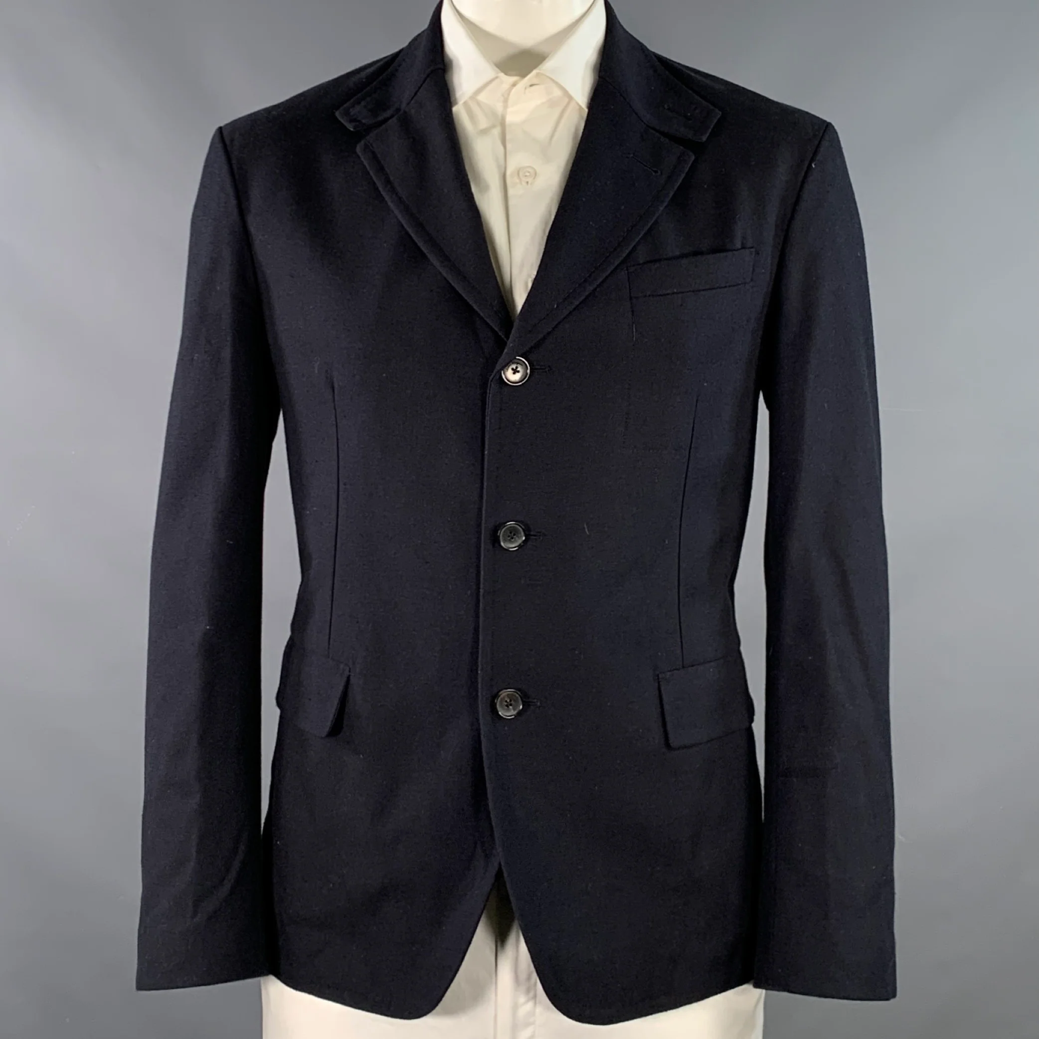 SALVATORE FERRAGAMO Size 42 Navy Twill Virgin Wool Cotton Sport Coat