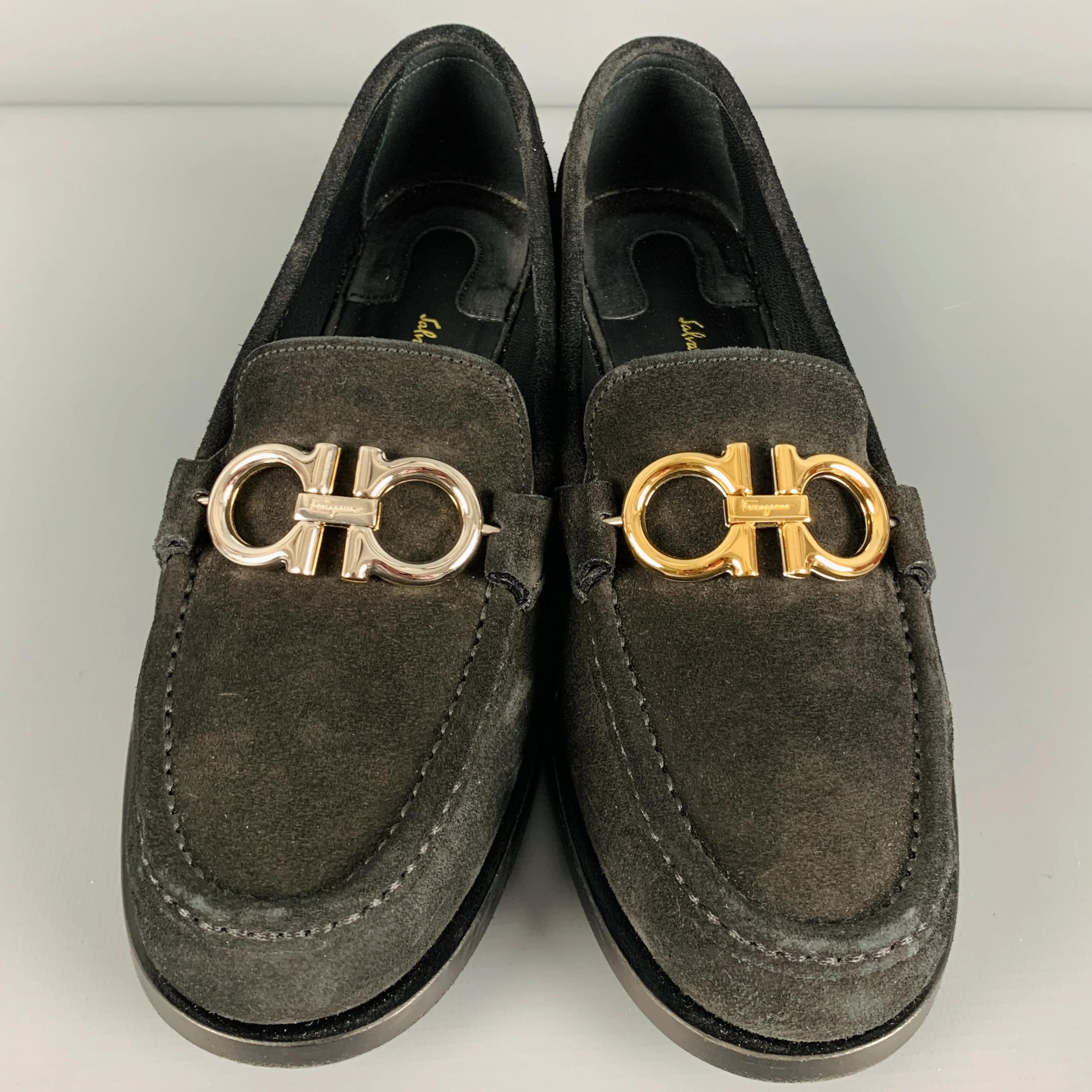 SALVATORE FERRAGAMO Size 6.5 Black Silver Gold Suede Loafer Flats - Image 4