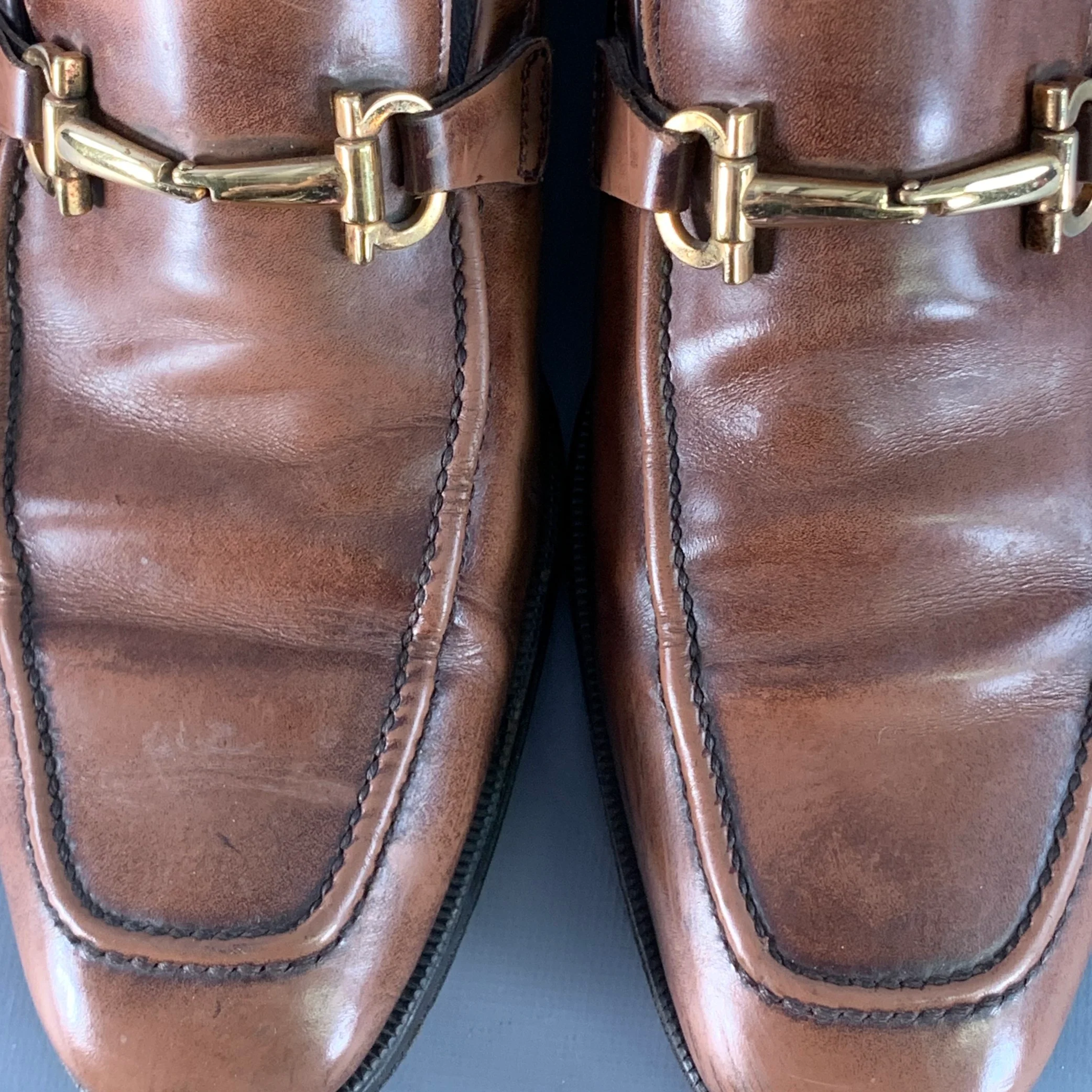 SALVATORE FERRAGAMO Size 7 Brown Gold Leather Horsebit Loafers - Image 9