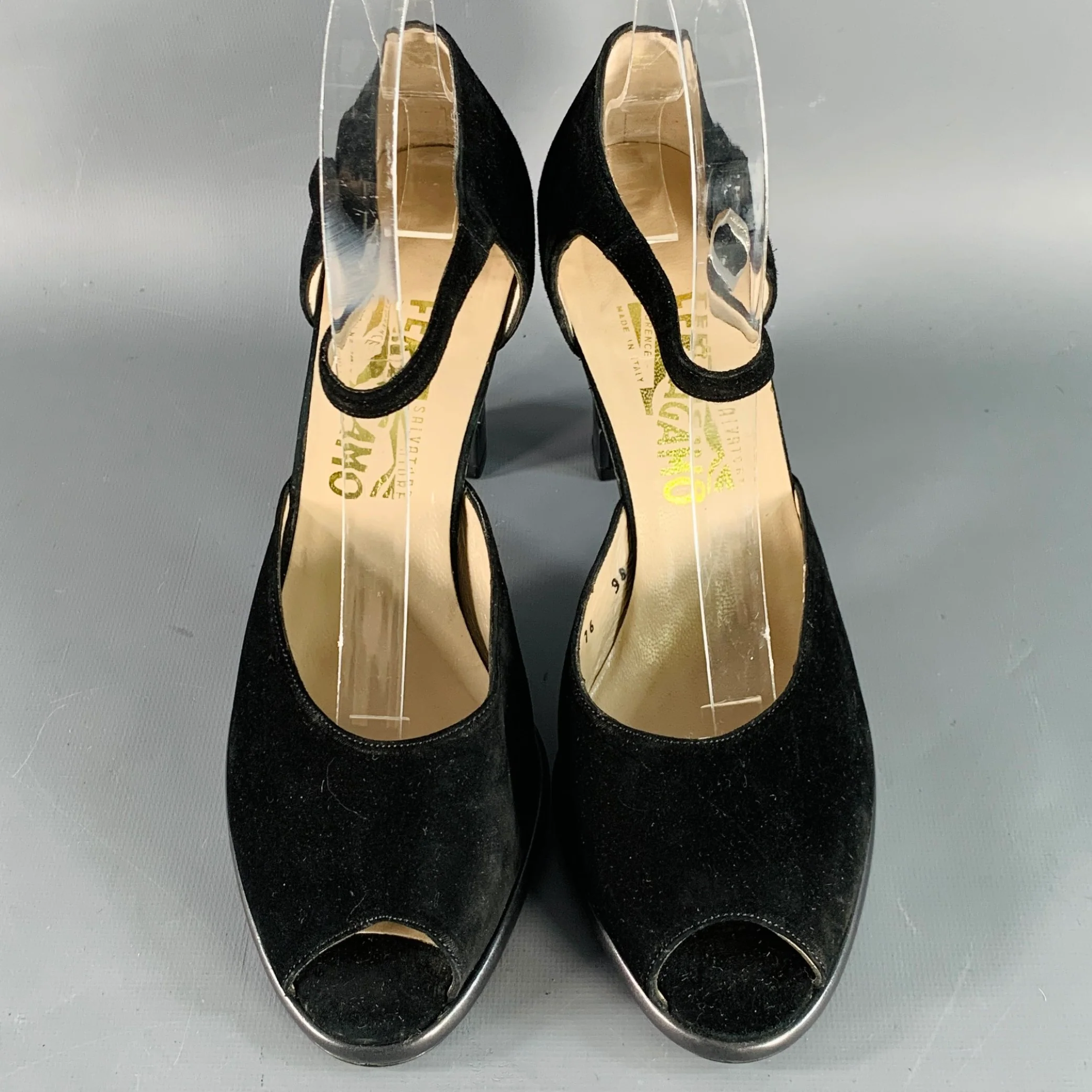 SALVATORE FERRAGAMO Size 9 Black Suede Peep Toe Stacked Heel Ankle Strap Sandals - Image 4