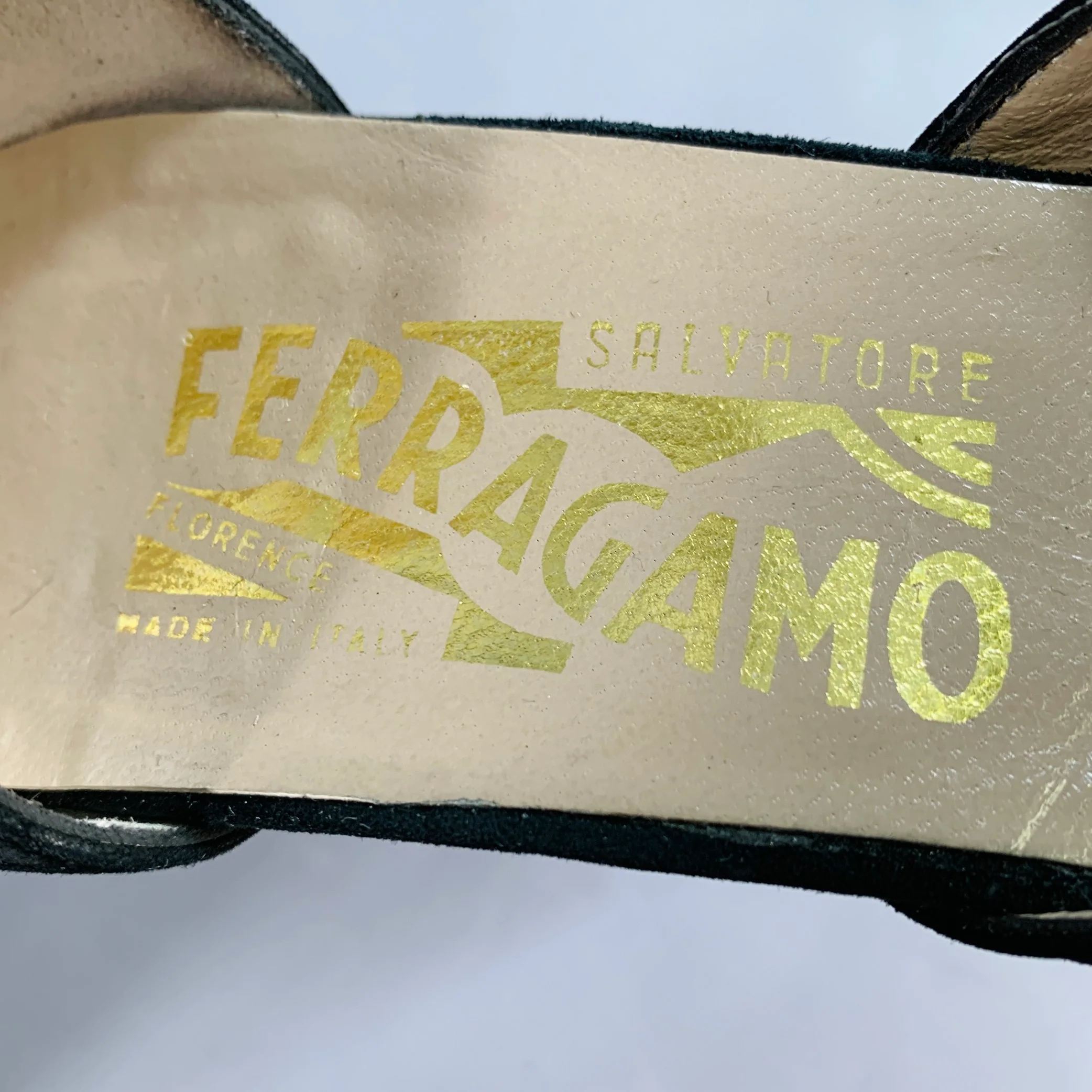 SALVATORE FERRAGAMO Size 9 Black Suede Peep Toe Stacked Heel Ankle Strap Sandals - Image 7