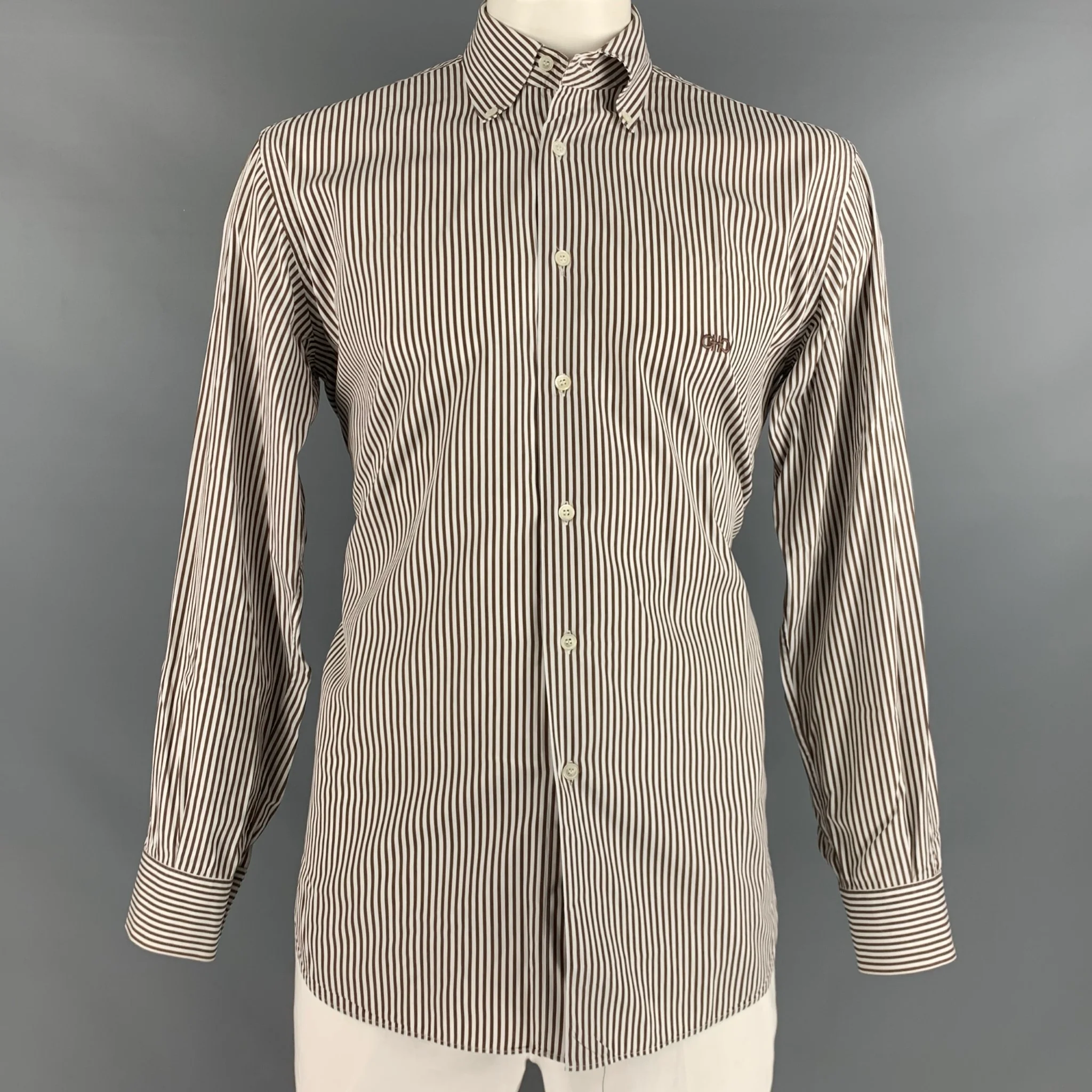SALVATORE FERRAGAMO Size L Brown White Stripe Cotton Long Sleeve Shirt