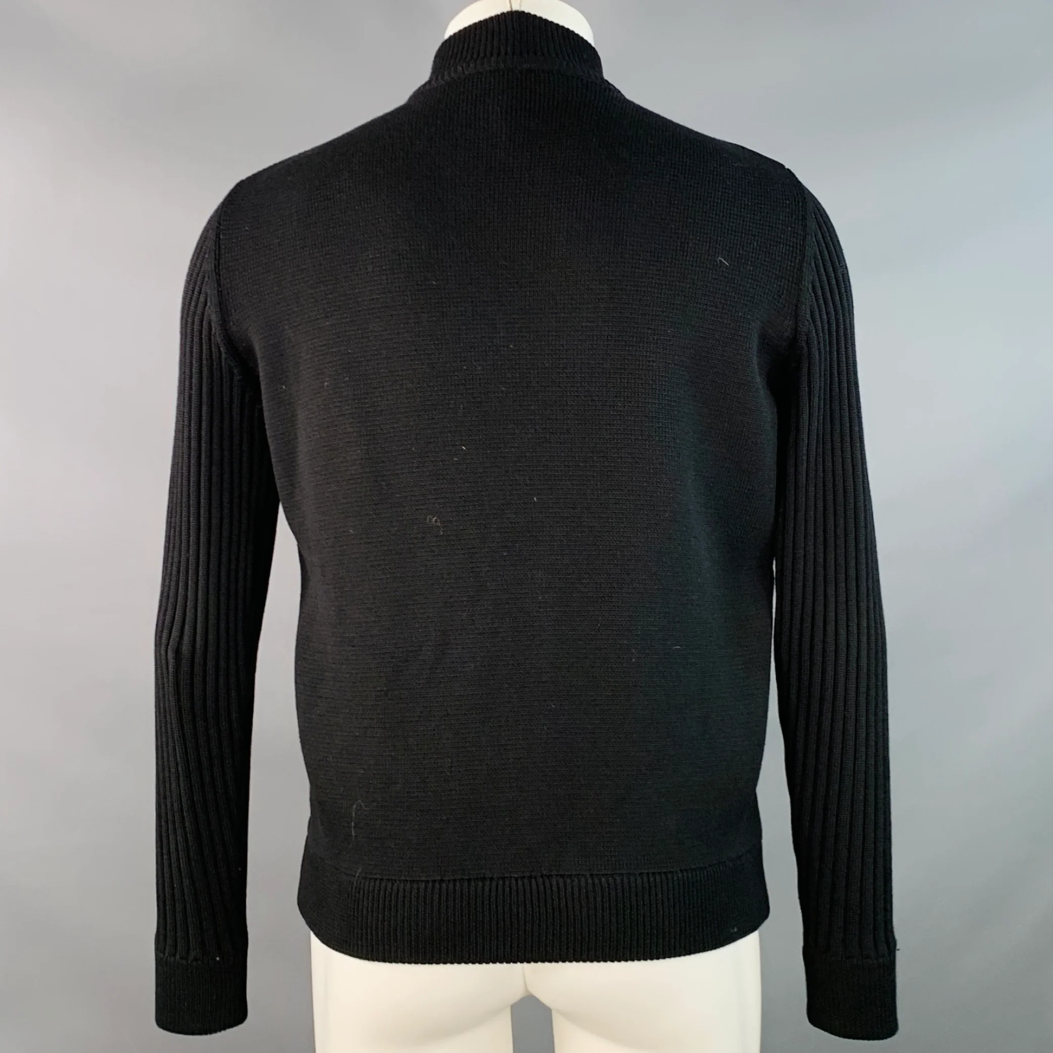 SALVATORE FERRAGAMO Size M Black Leather Virgin Wool Ribbed Zip Up Jacket - Image 4
