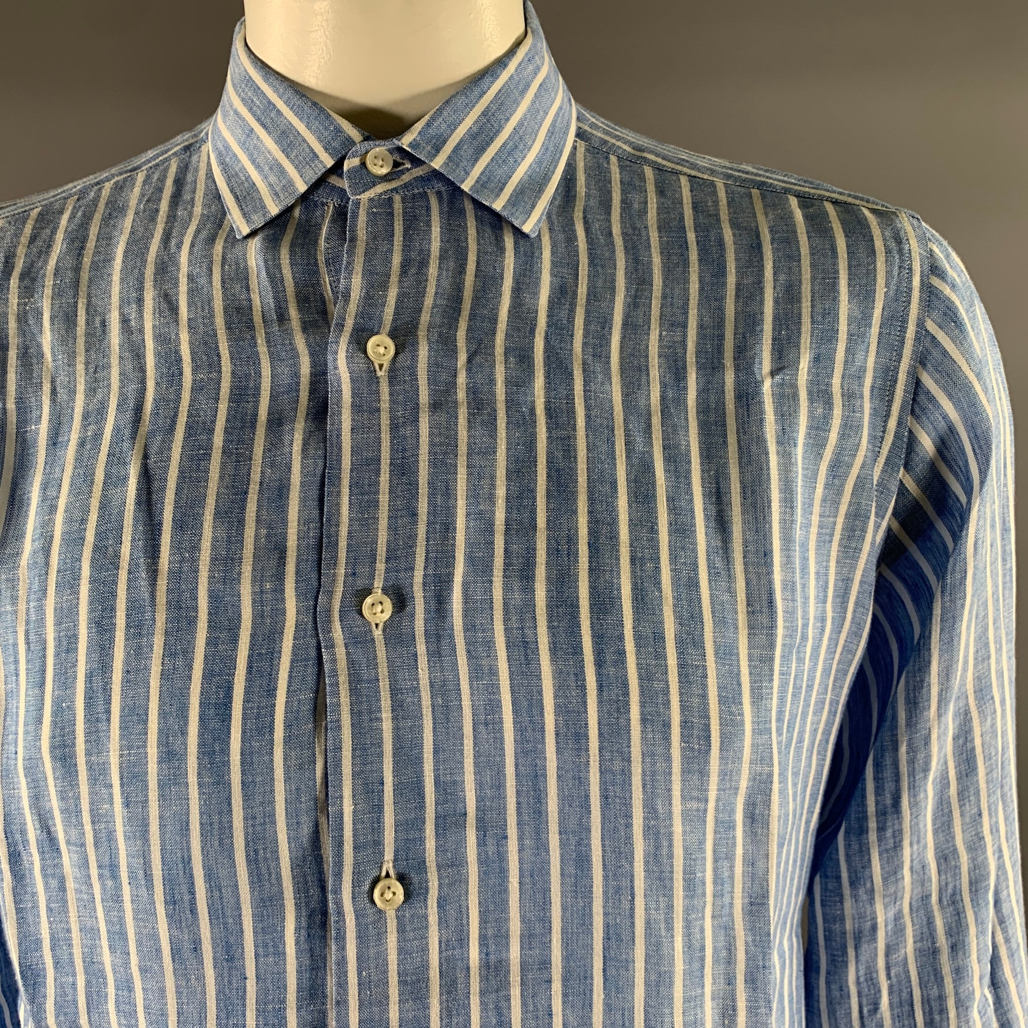 SAM MALOUF Size L Blue White Stripe Linen Pointed Collar Long Sleeve Shirt - Image 2