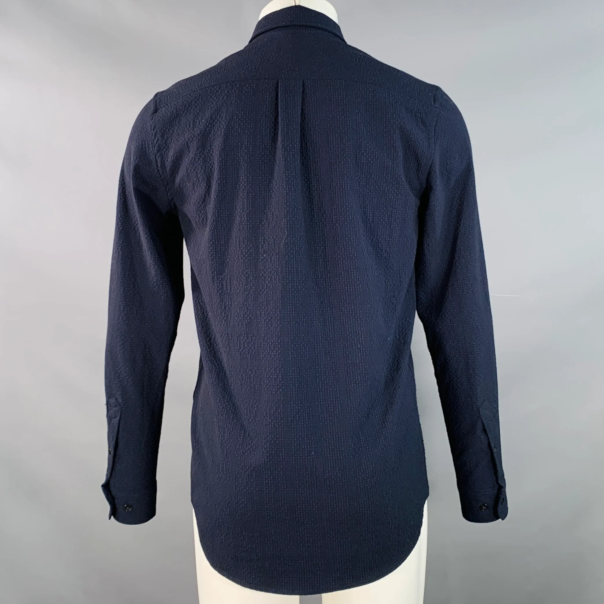 SAMSOE & SAMSOE Size S Navy Black Seersucker One Pocket Long Sleeve Shirt - Image 4