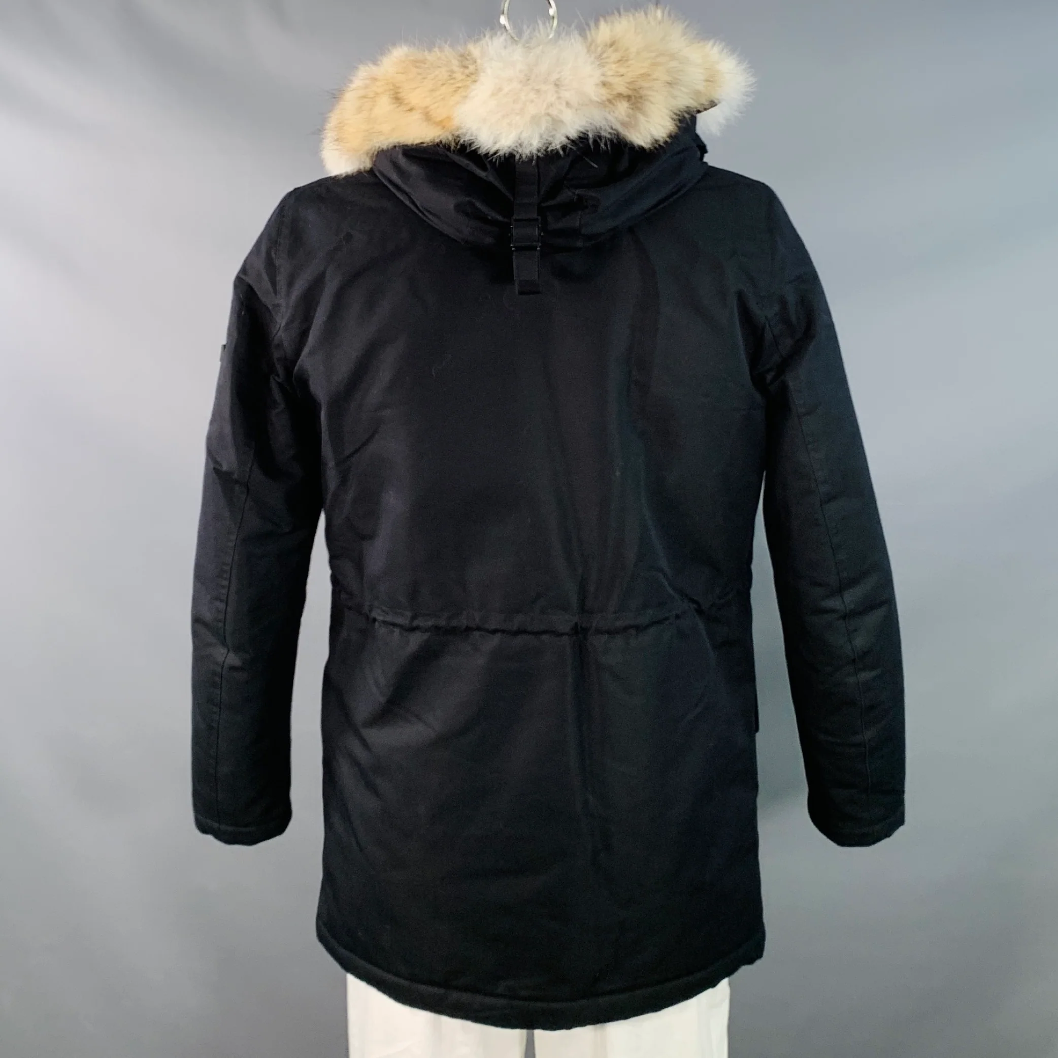 SANDRO Size L Black Beige Cotton Blend Fur Collar Zip Snaps Coat - Image 3