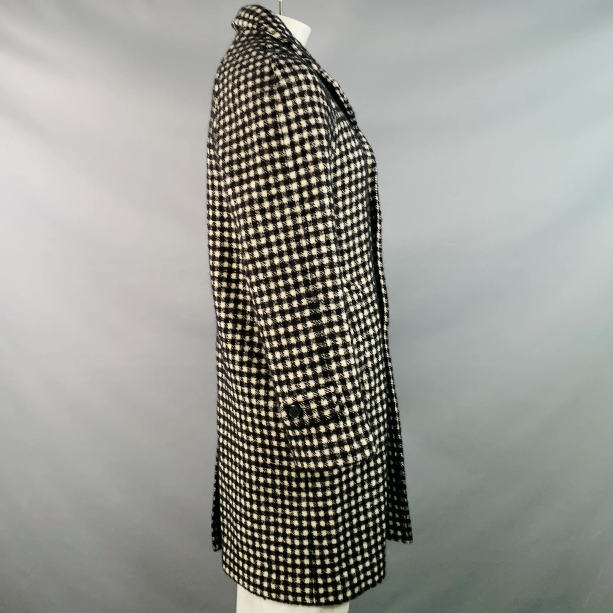 SANDRO Size L Black White Checkered Wool Blend Buttoned Coat - Image 3