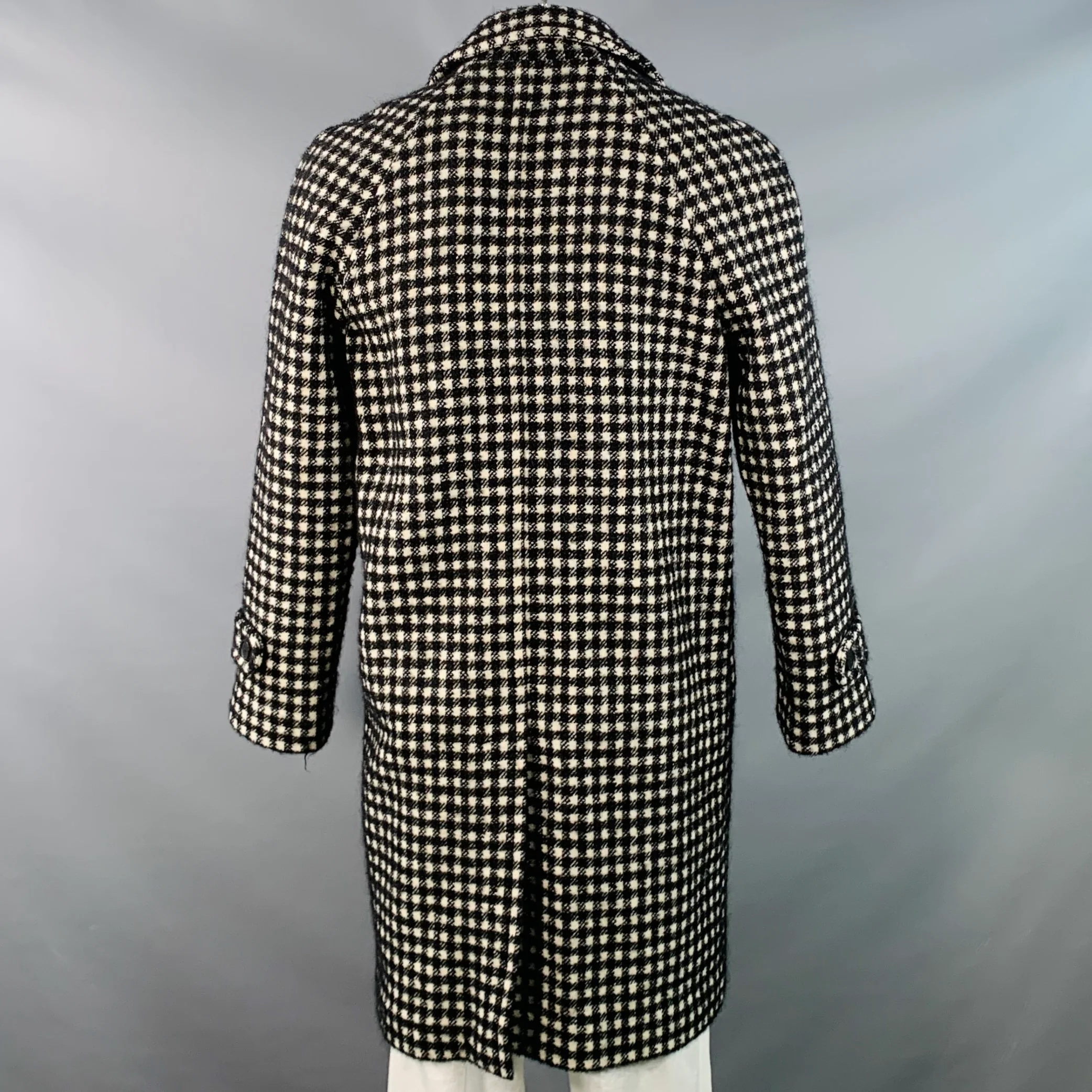 SANDRO Size L Black White Checkered Wool Blend Buttoned Coat - Image 4