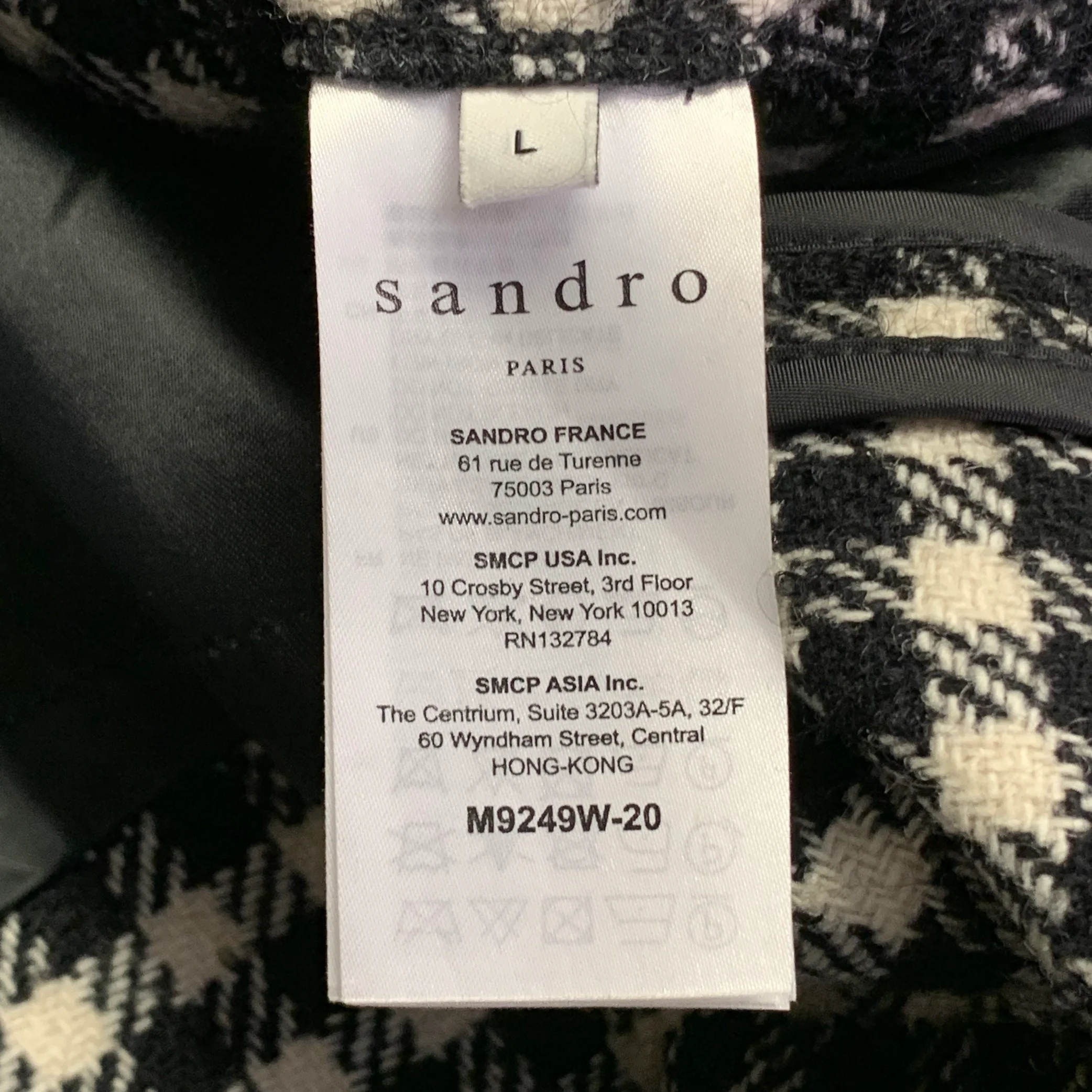 SANDRO Size L Black White Checkered Wool Blend Buttoned Coat - Image 9