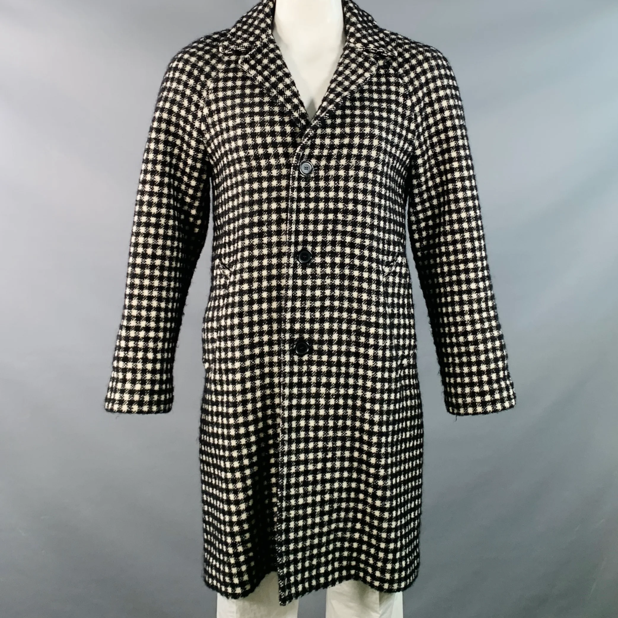 SANDRO Size L Black White Checkered Wool Blend Buttoned Raglan Coat