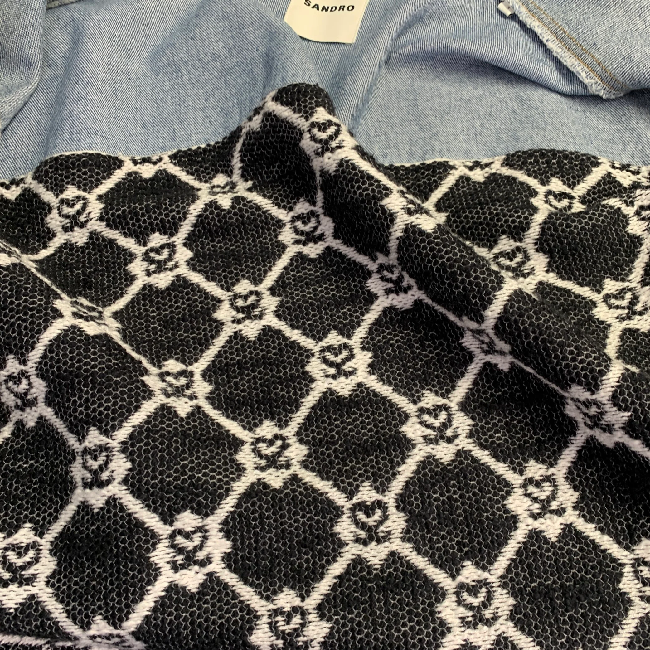 SANDRO Size L Blue Black White Hearts Cotton Blend Denim Jacket - Image 6
