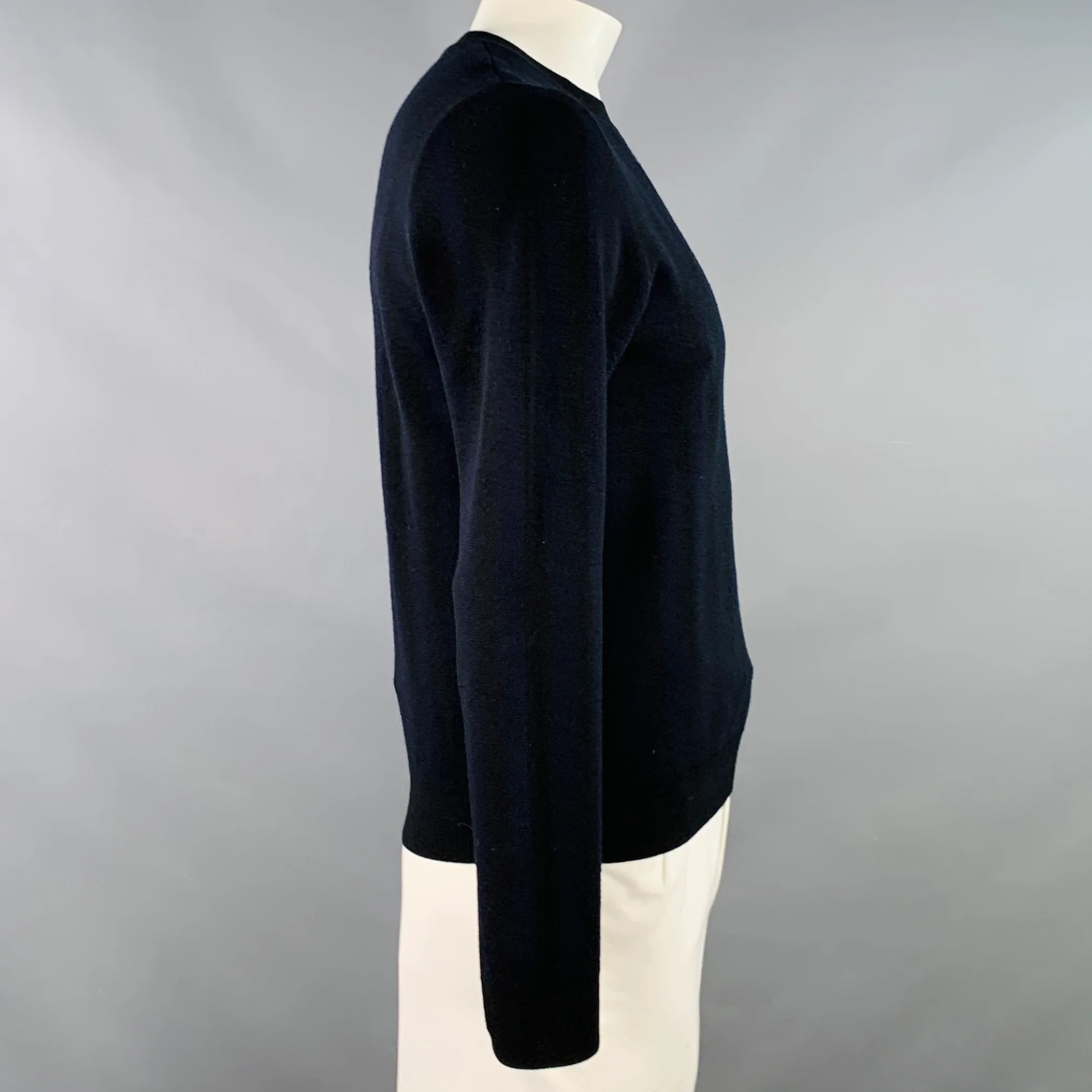 SANDRO Size L Navy Black Stripe Merino Wool Crew Neck Pullover - Image 3