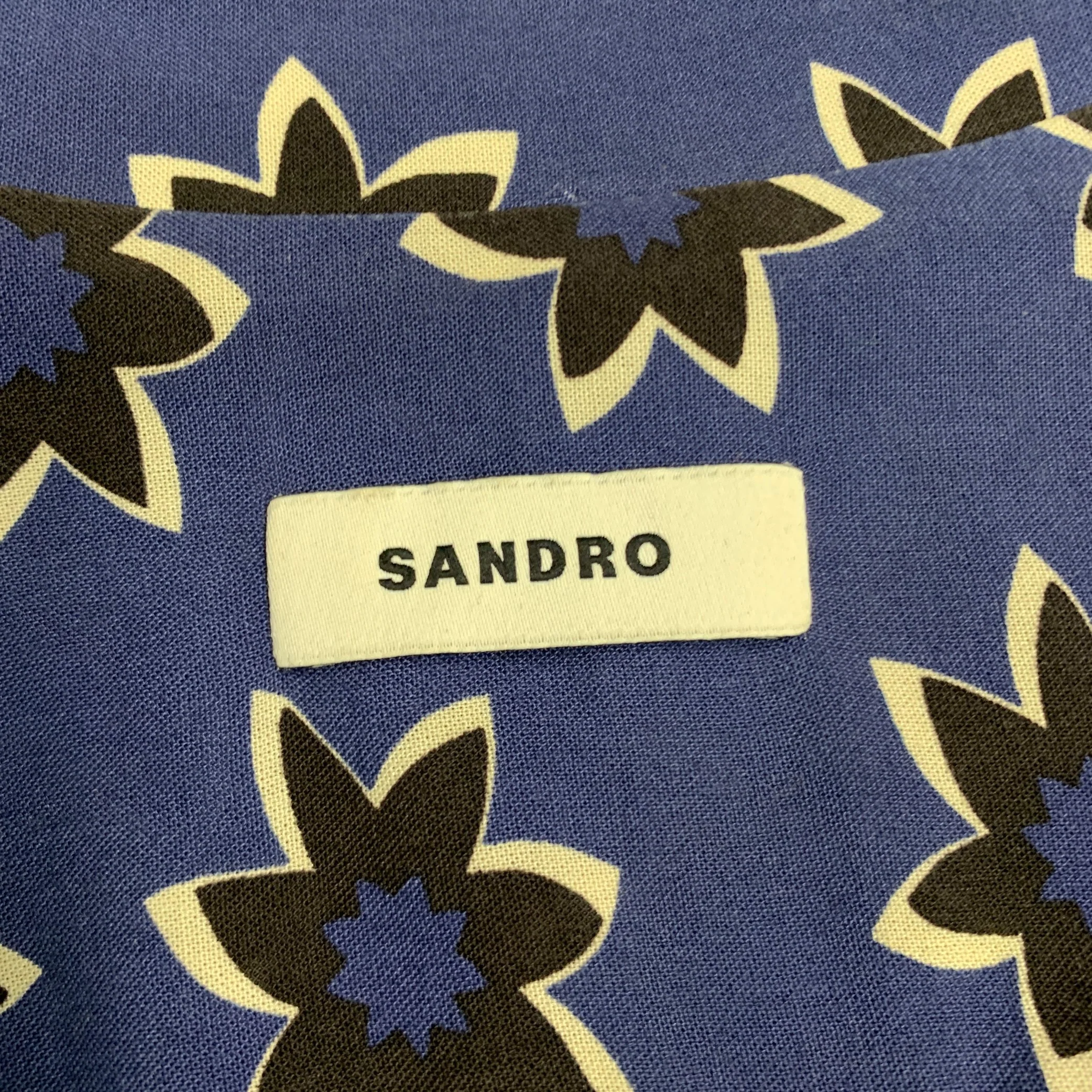 SANDRO Size M Blue Black Abstract Floral Viscose Short Sleeve Shirt - Image 4