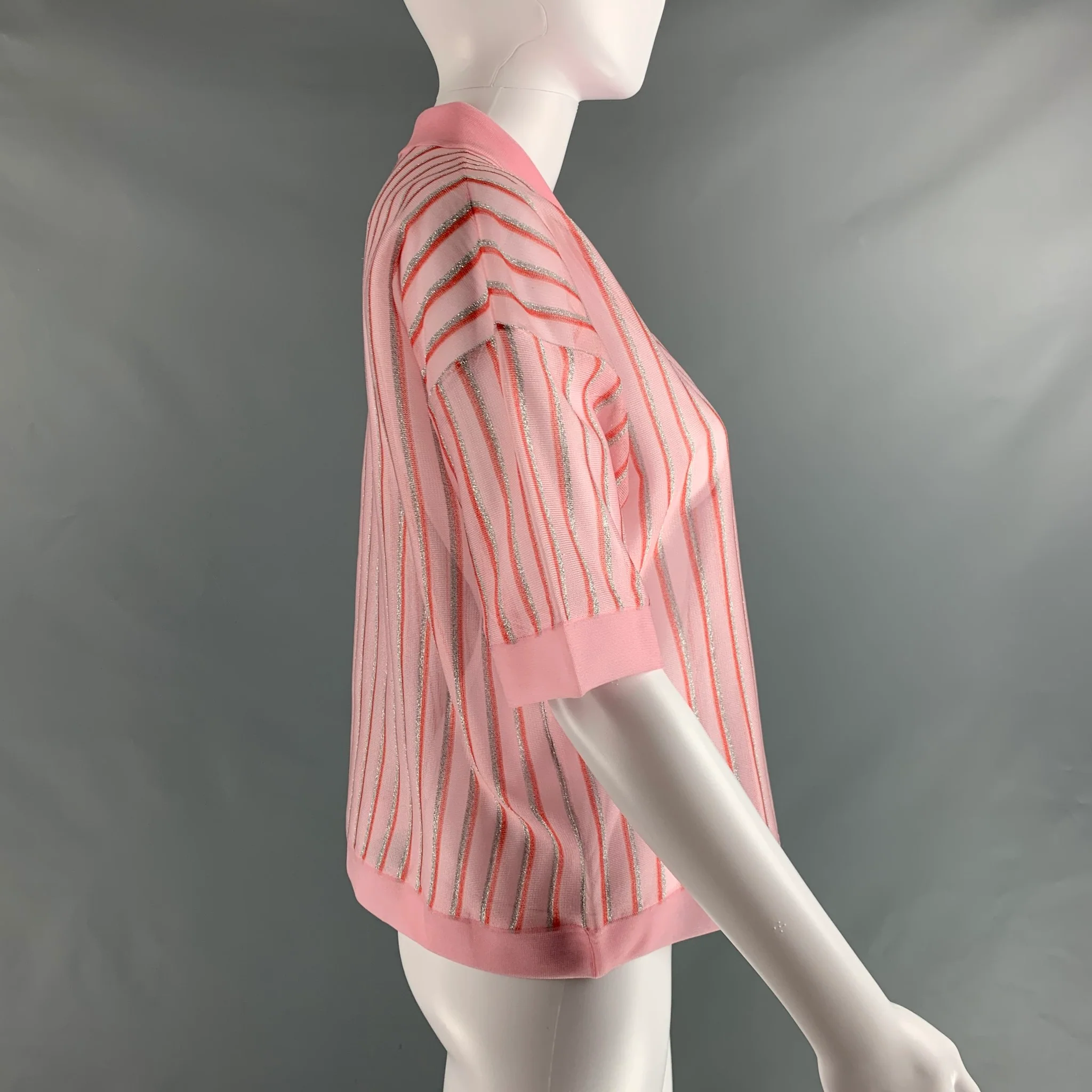 SANDRO Size M Pink Red & Silver Polyester Blend Stripe Cropped Polo Shirt - Image 2