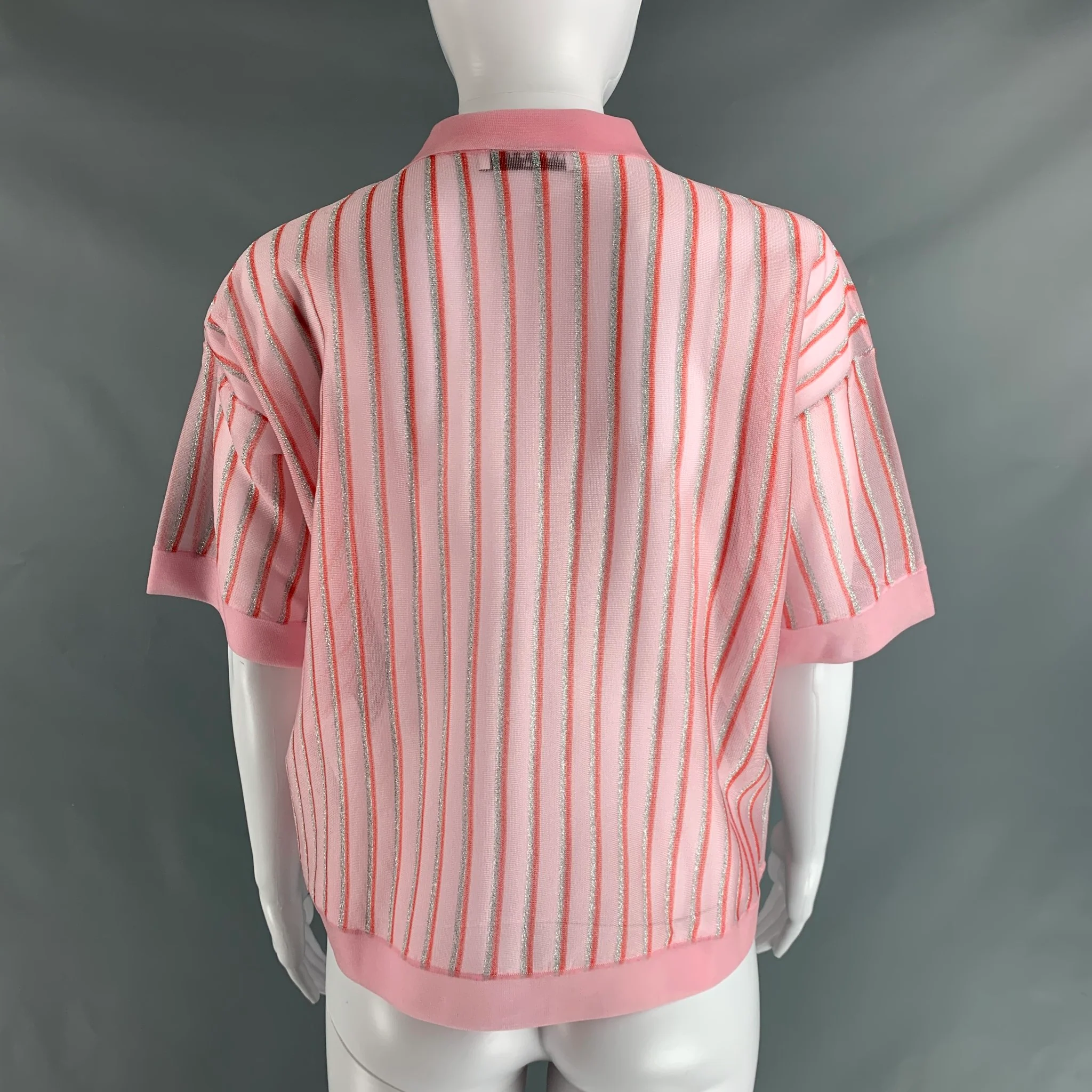 SANDRO Size M Pink Red & Silver Polyester Blend Stripe Cropped Polo Shirt - Image 3