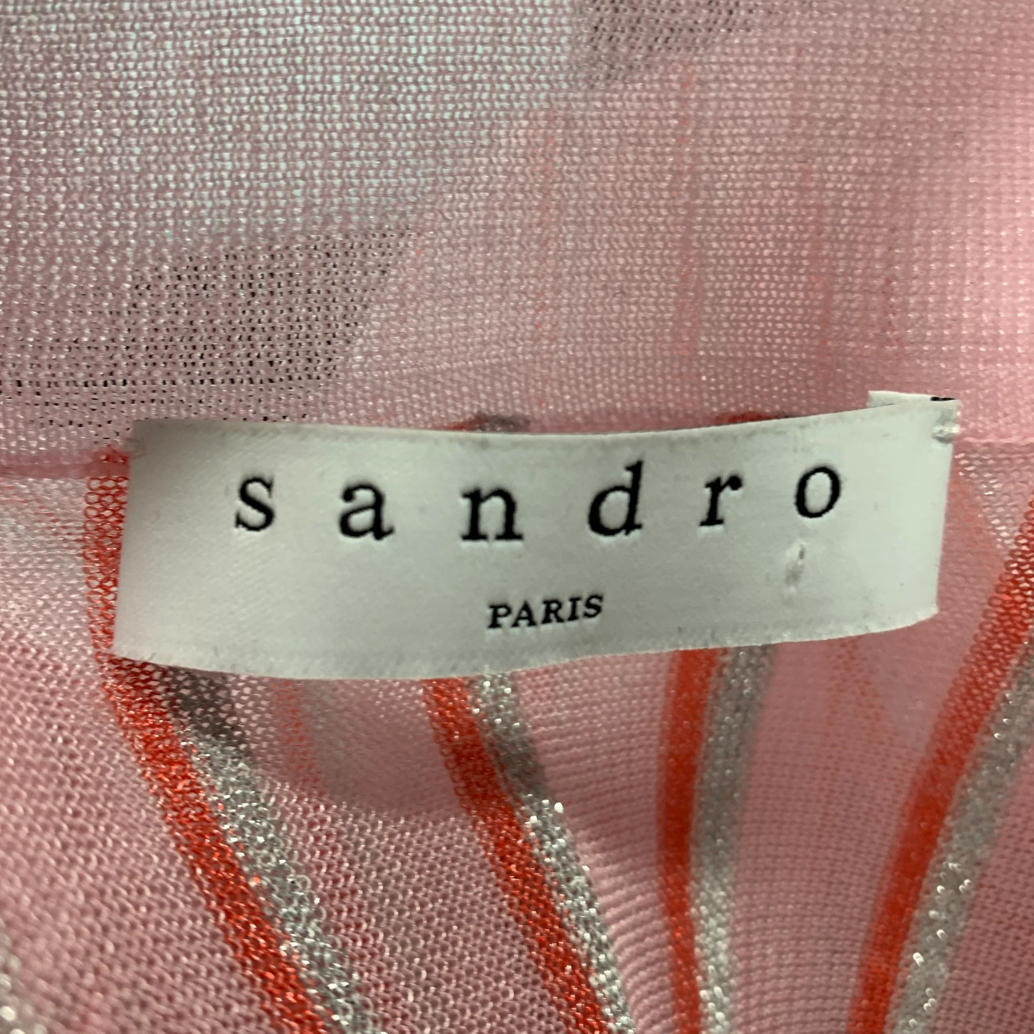 SANDRO Size M Pink Red & Silver Polyester Blend Stripe Cropped Polo Shirt - Image 4