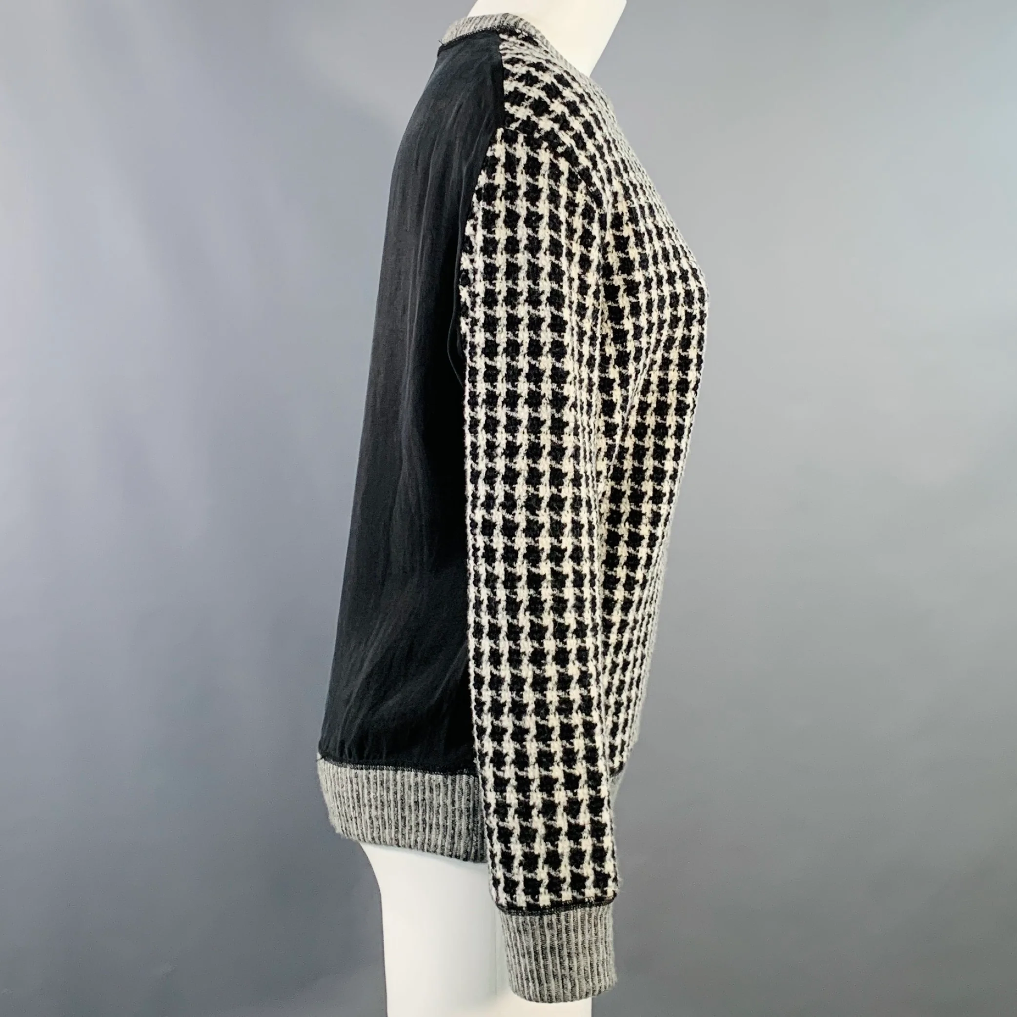SANDRO Size S Black Grey Wool Blend Houndstooth Crew Neck Pullover - Image 3