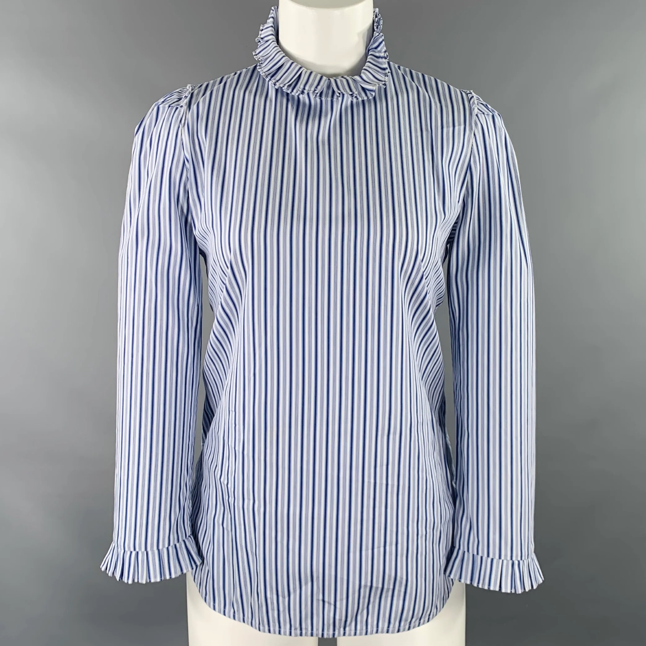 SANDRO Size S Blue White Cotton Stripe High Collar Casual Top