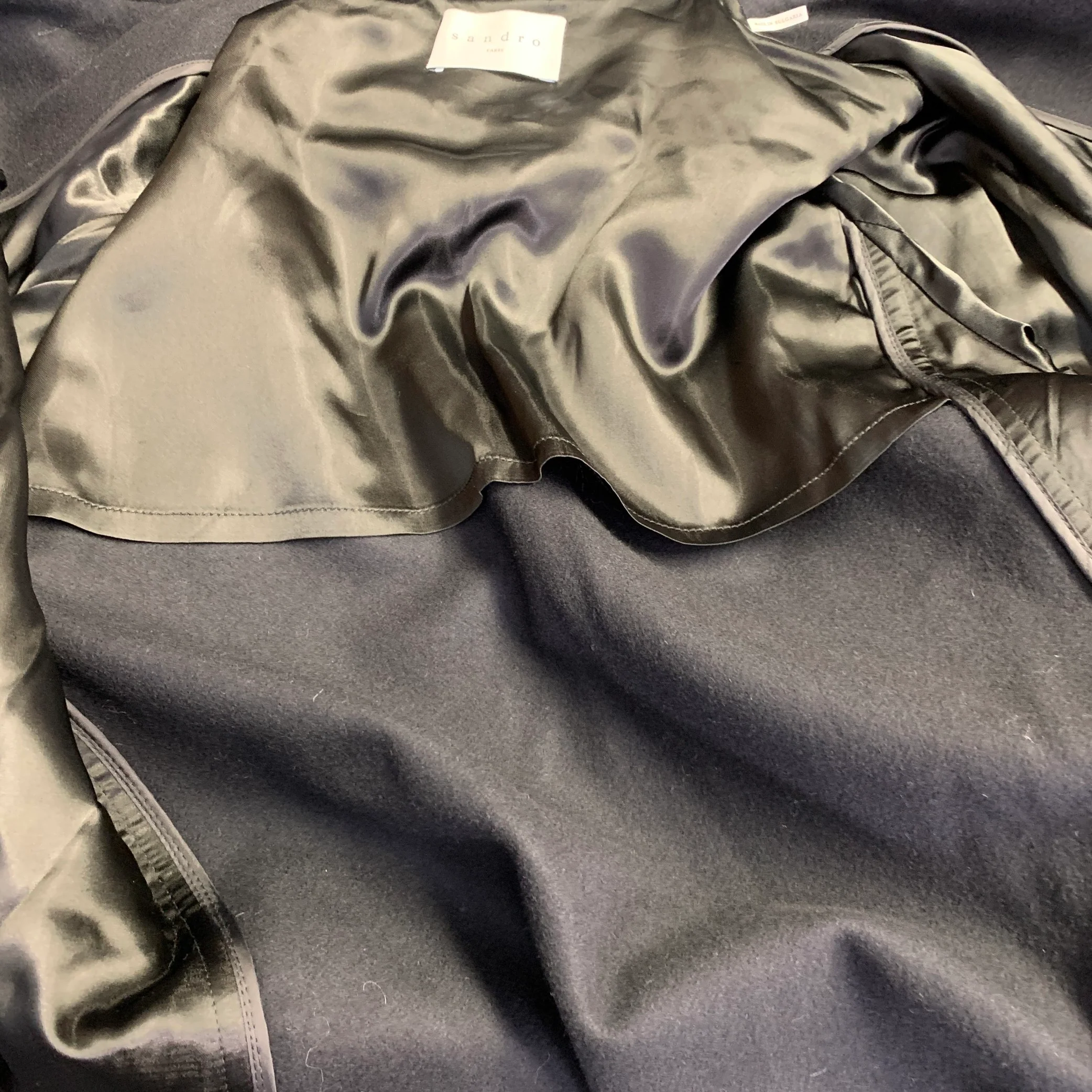 SANDRO Size S Navy Black Wool Blend Faux Leather Trim Toggle Closure Coat - Image 6
