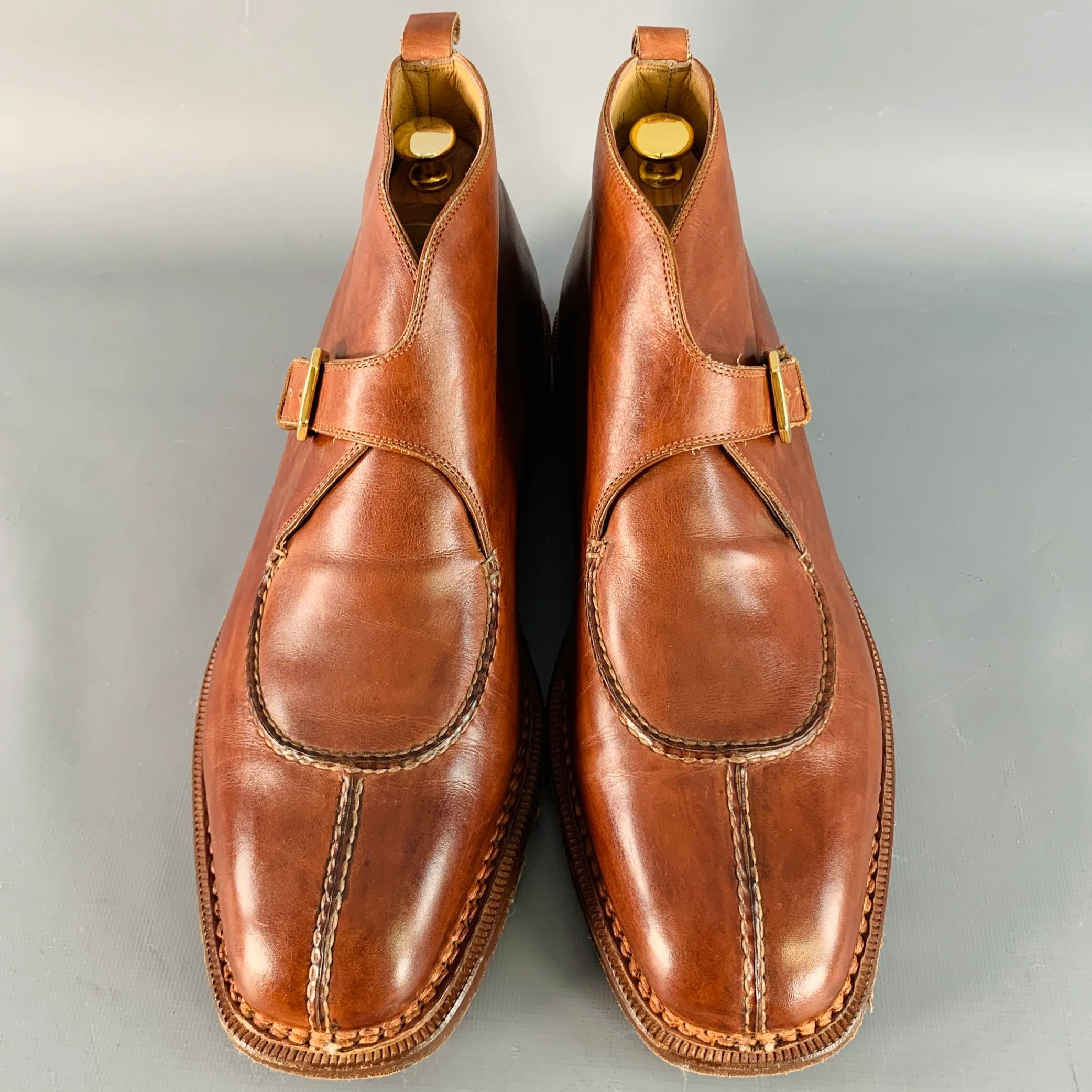 SANTONI Size 11 Brown Leather Split Toe Ankle Boots - Image 4
